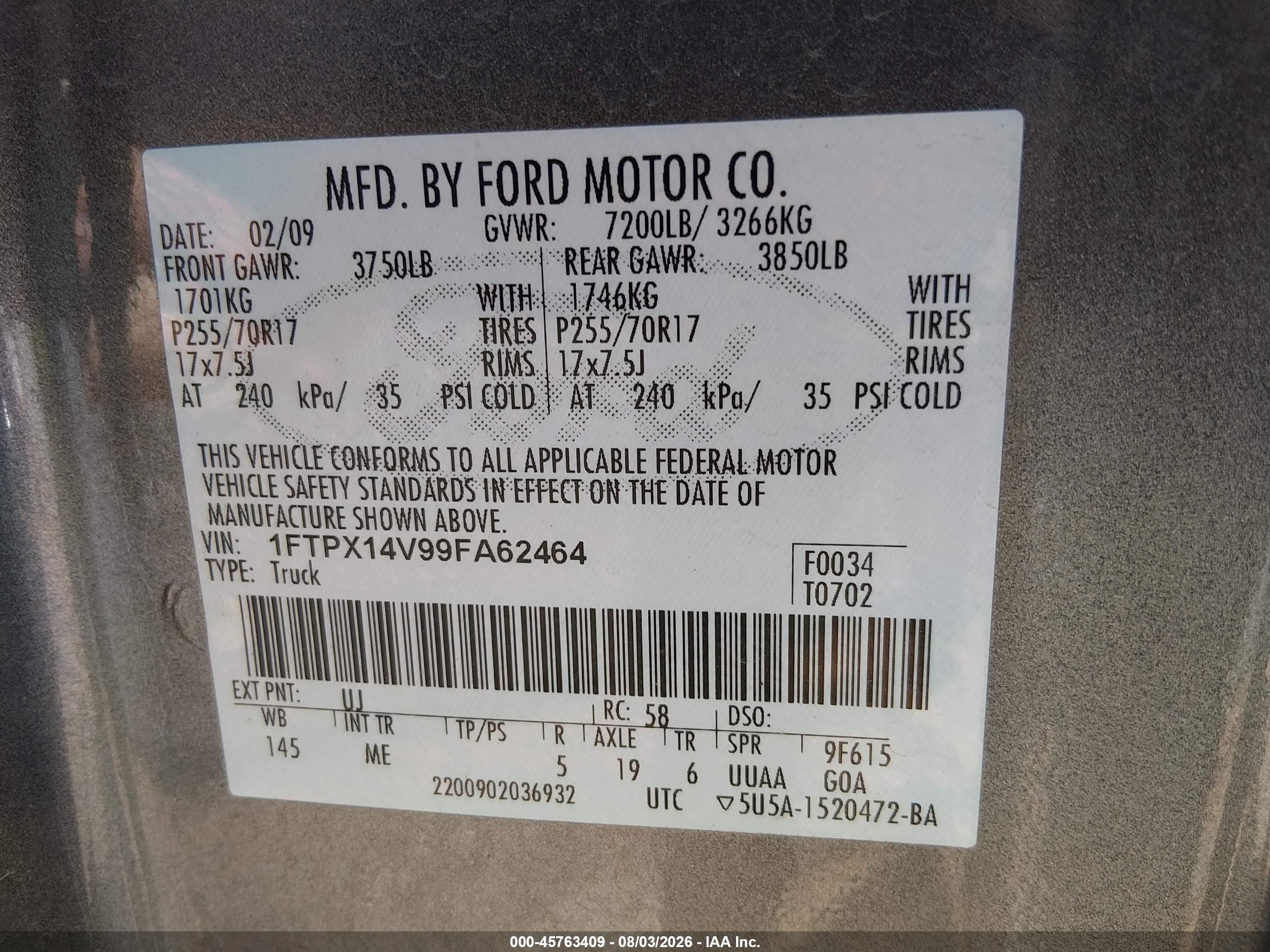 2009 Ford F-150 Fx4/lariat/xl/xlt Gray vin: 1FTPX14V99FA62464