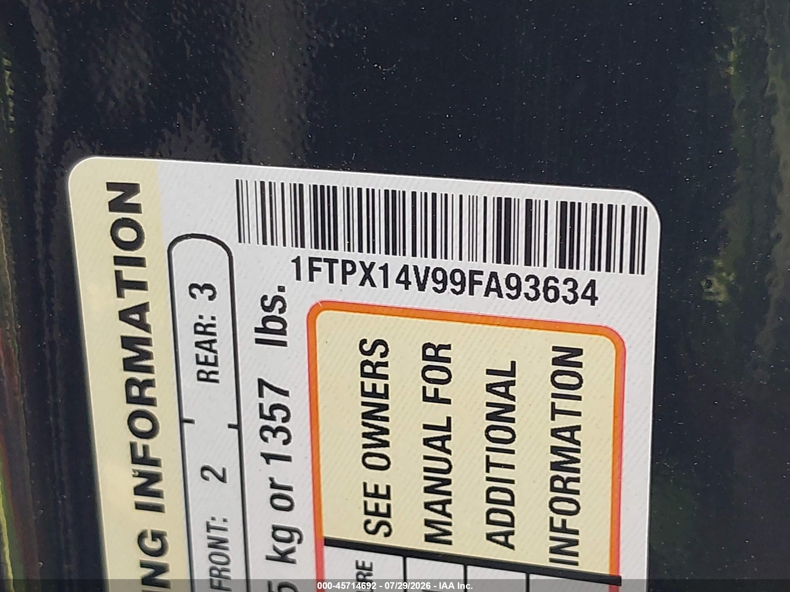 2009 Ford F-150 Fx4/lariat/xl/xlt Black vin: 1FTPX14V99FA93634