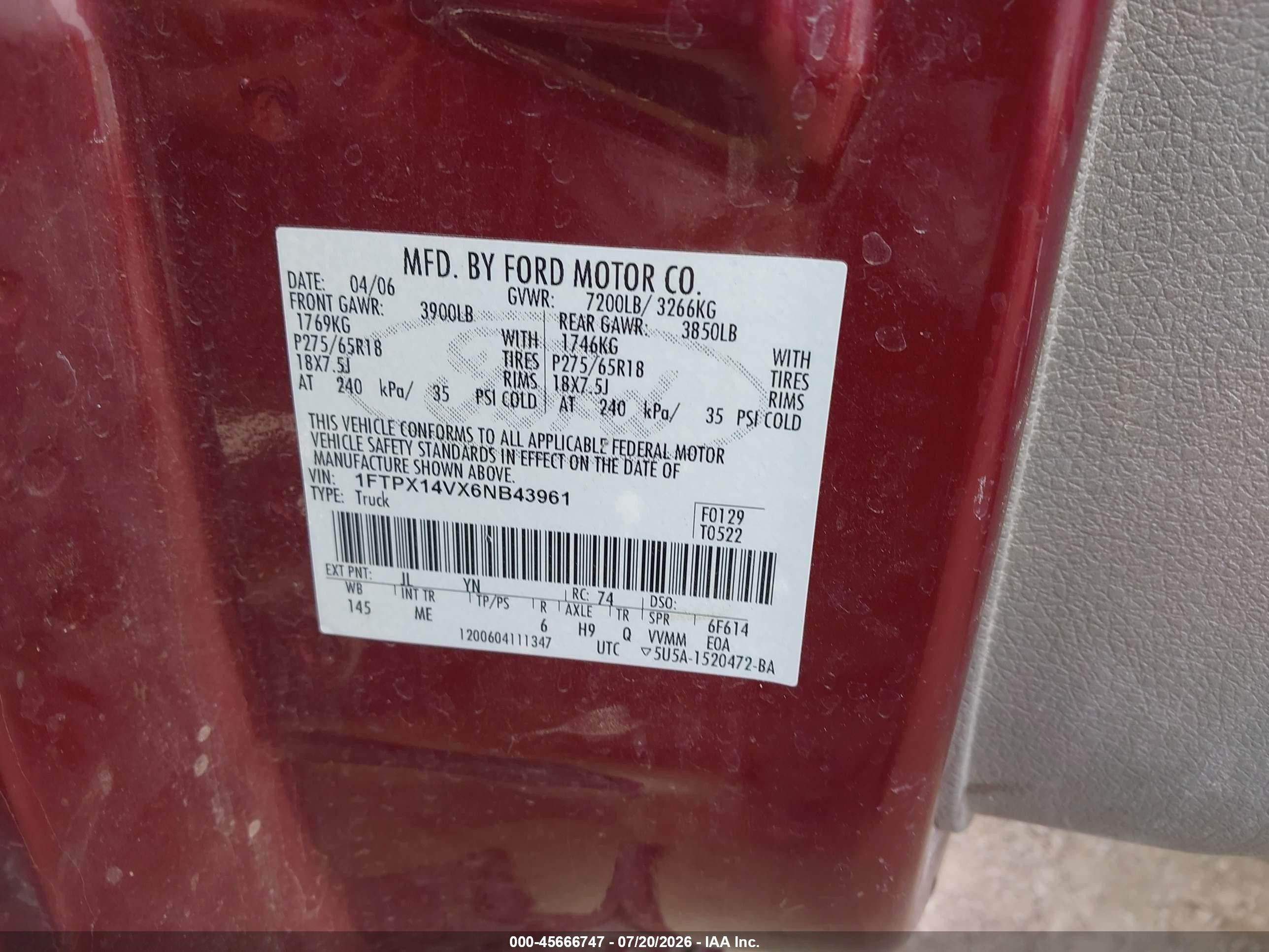 2006 Ford F-150 Fx4/lariat/xl/xlt Burgundy vin: 1FTPX14VX6NB43961