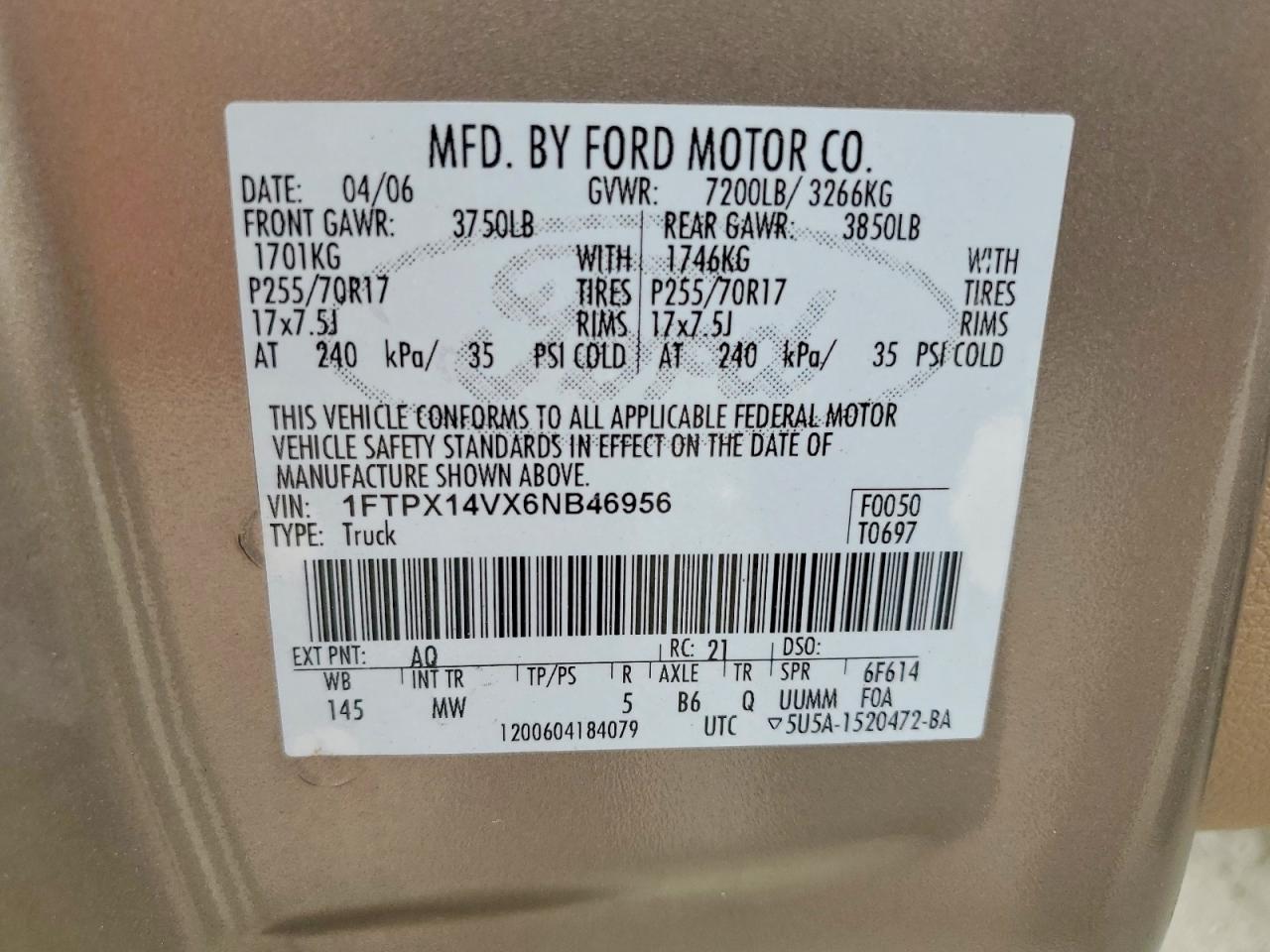 2006 Ford F150 Tan vin: 1FTPX14VX6NB46956