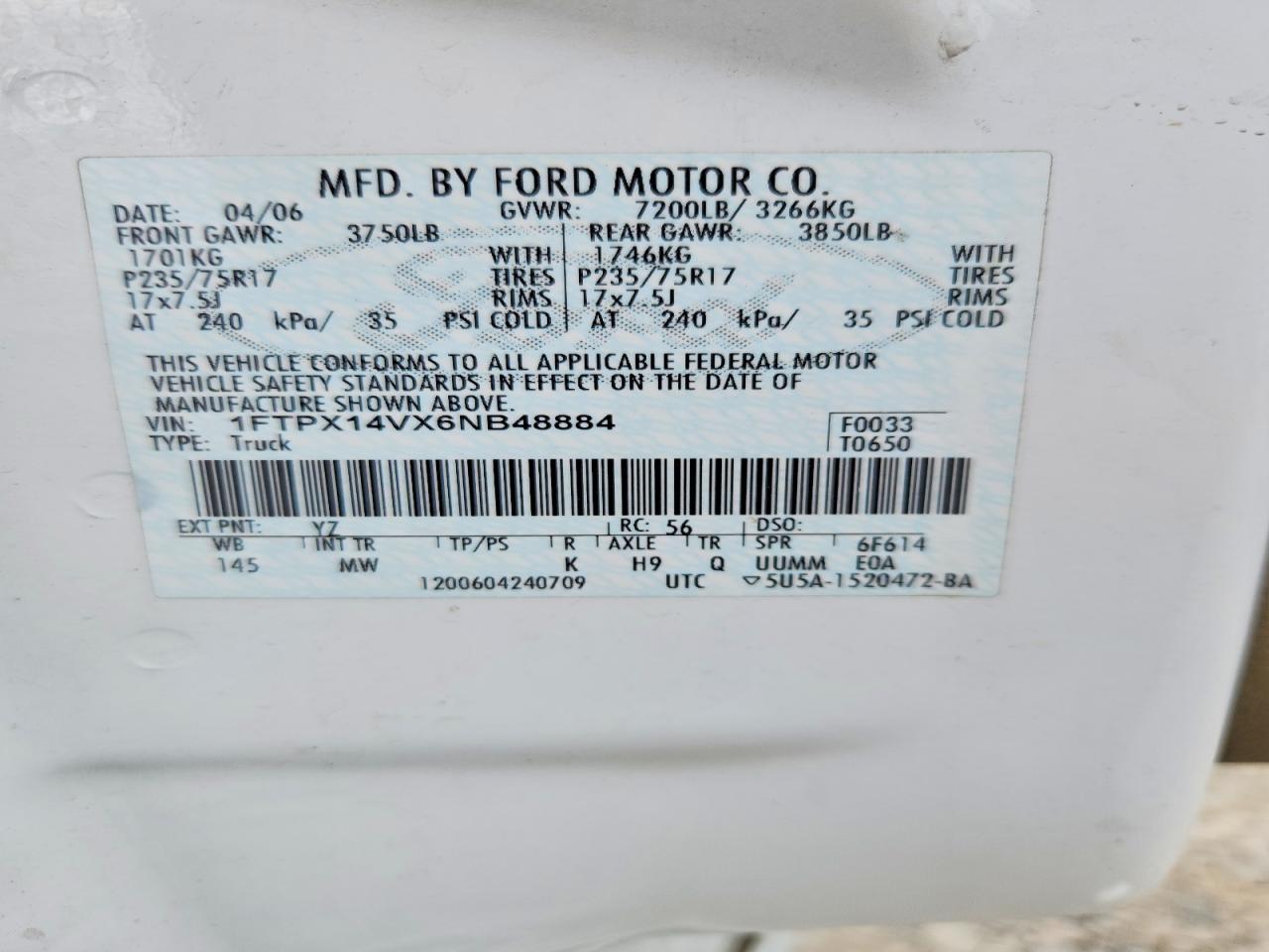 2006 Ford F150 White vin: 1FTPX14VX6NB48884