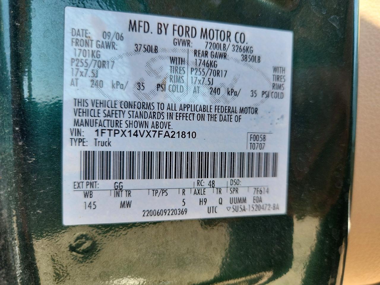 2007 Ford F150 Green vin: 1FTPX14VX7FA21810
