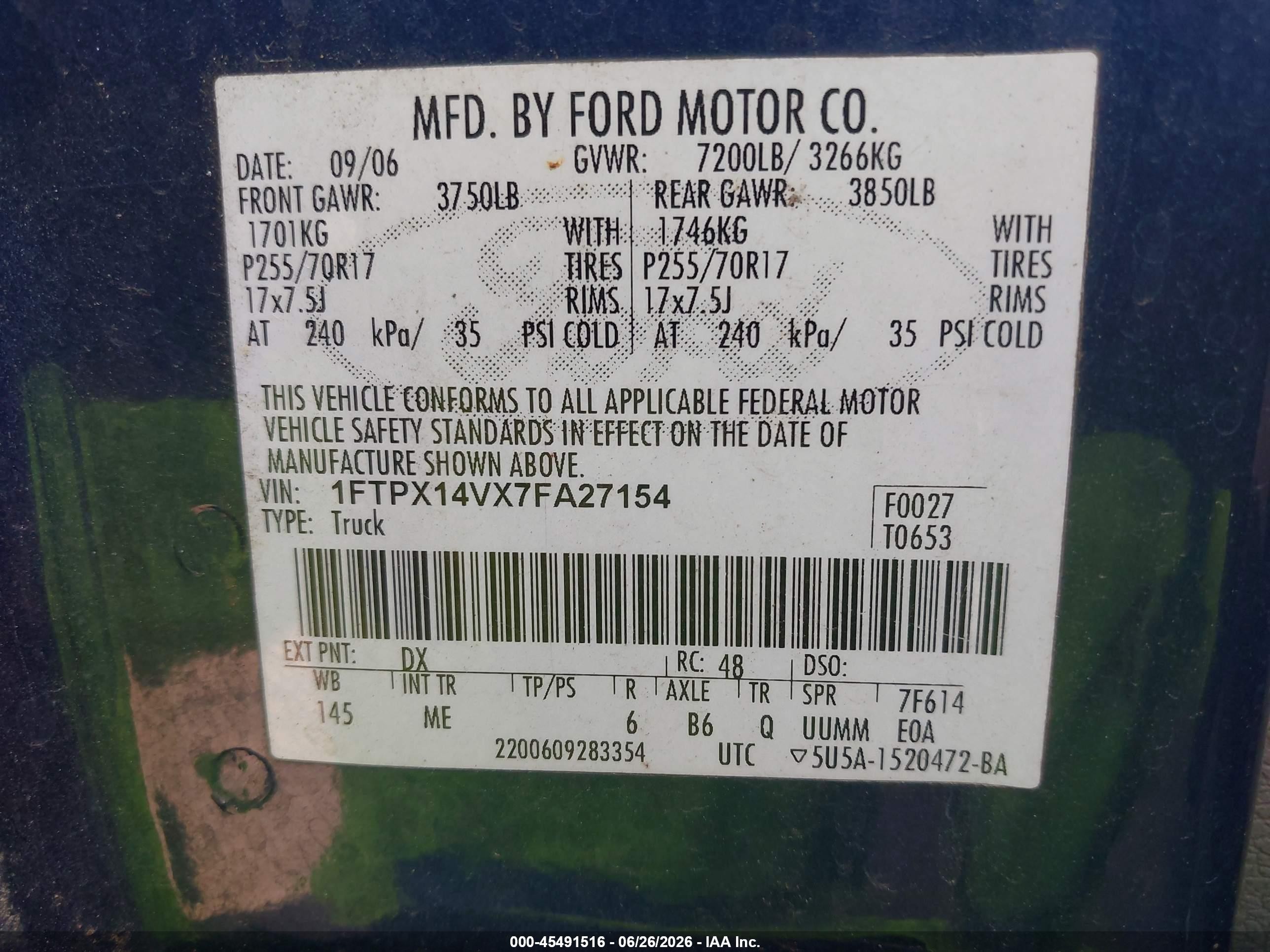 2007 Ford F-150 Fx4/lariat/xl/xlt Blue vin: 1FTPX14VX7FA27154