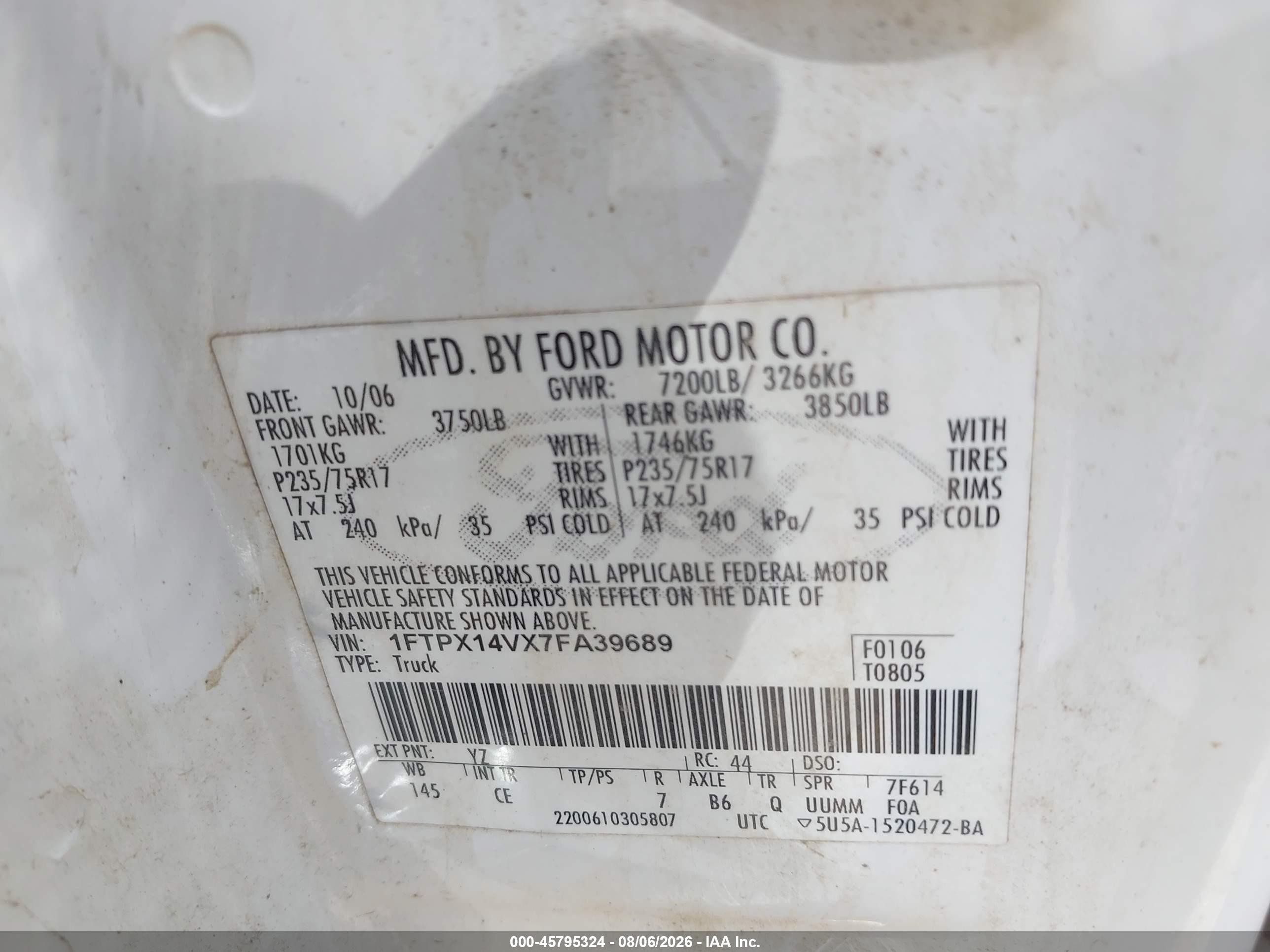 2007 Ford F-150 Fx4/lariat/xl/xlt White vin: 1FTPX14VX7FA39689