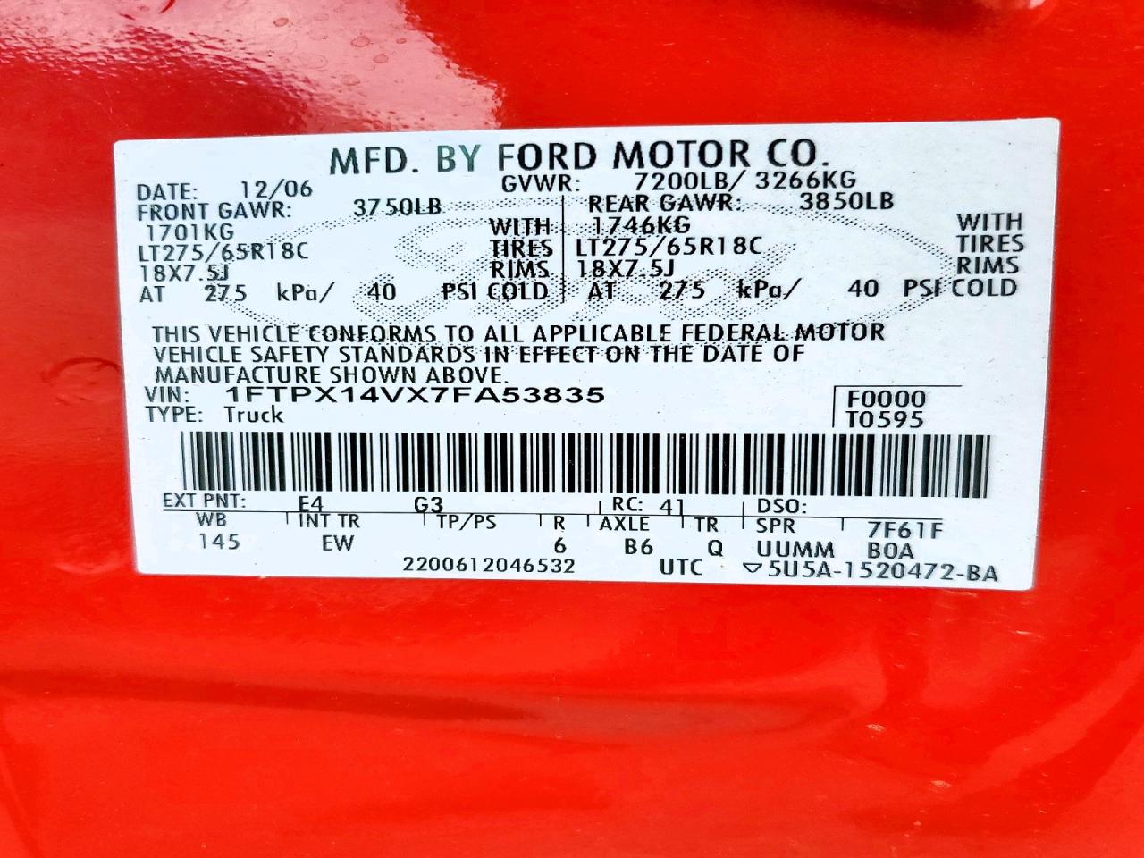 2007 Ford F150 Red vin: 1FTPX14VX7FA53835