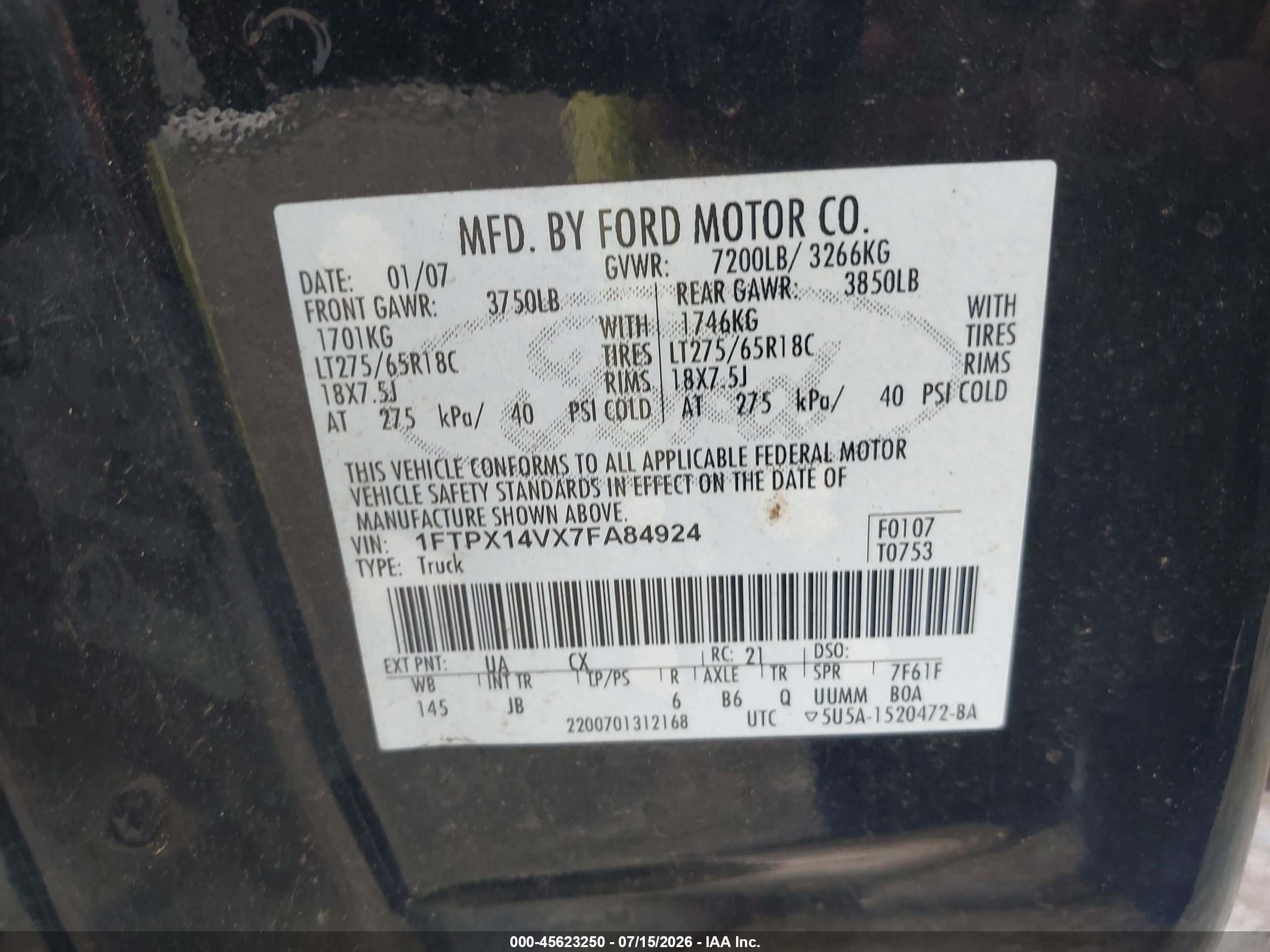 2007 Ford F-150 Fx4/lariat/xl/xlt Black vin: 1FTPX14VX7FA84924