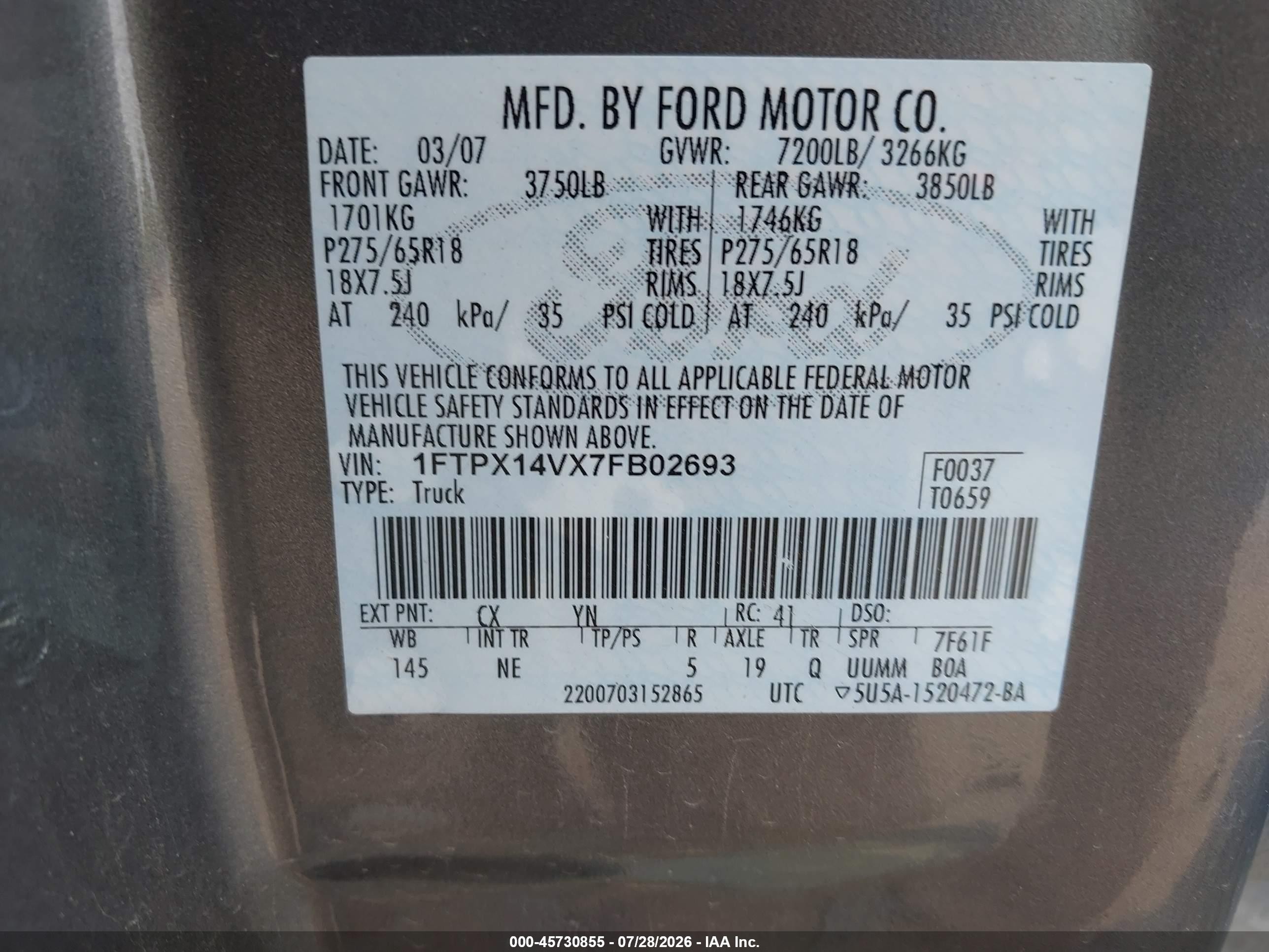 2007 Ford F-150 Fx4/lariat/xl/xlt Gray vin: 1FTPX14VX7FB02693