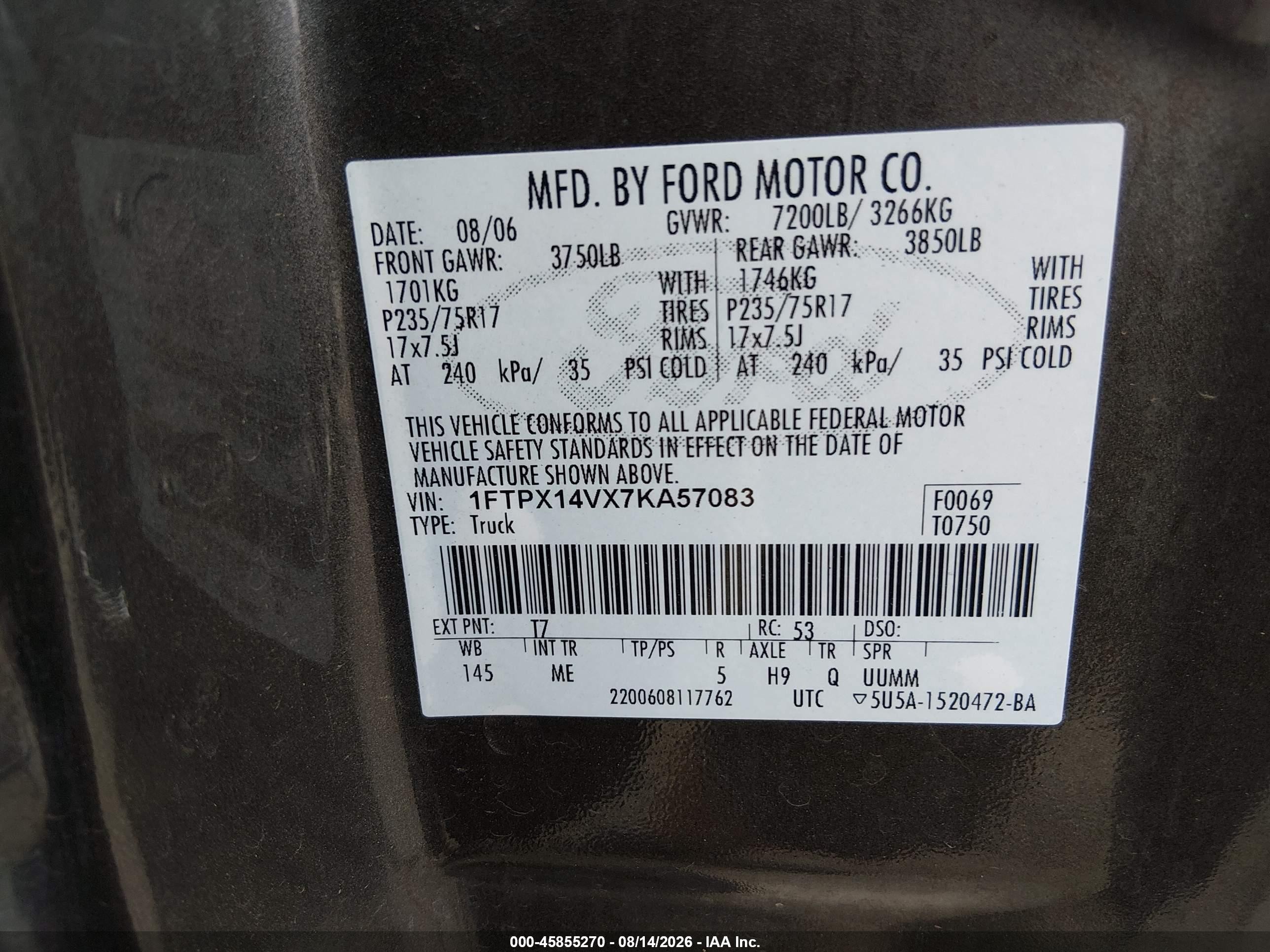 2007 Ford F-150 Fx4/lariat/xl/xlt Brown vin: 1FTPX14VX7KA57083
