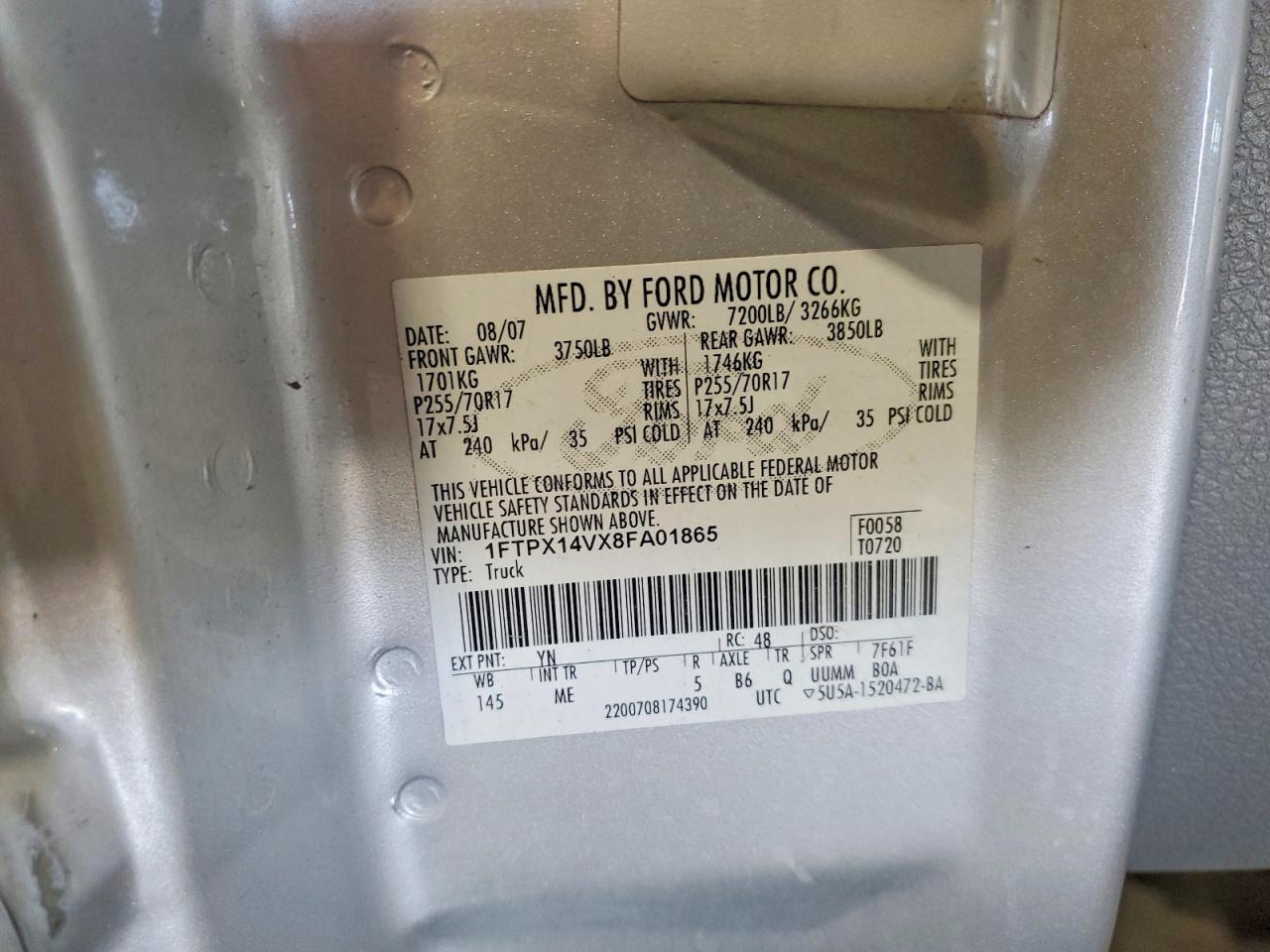2008 Ford F150 Silver vin: 1FTPX14VX8FA01865