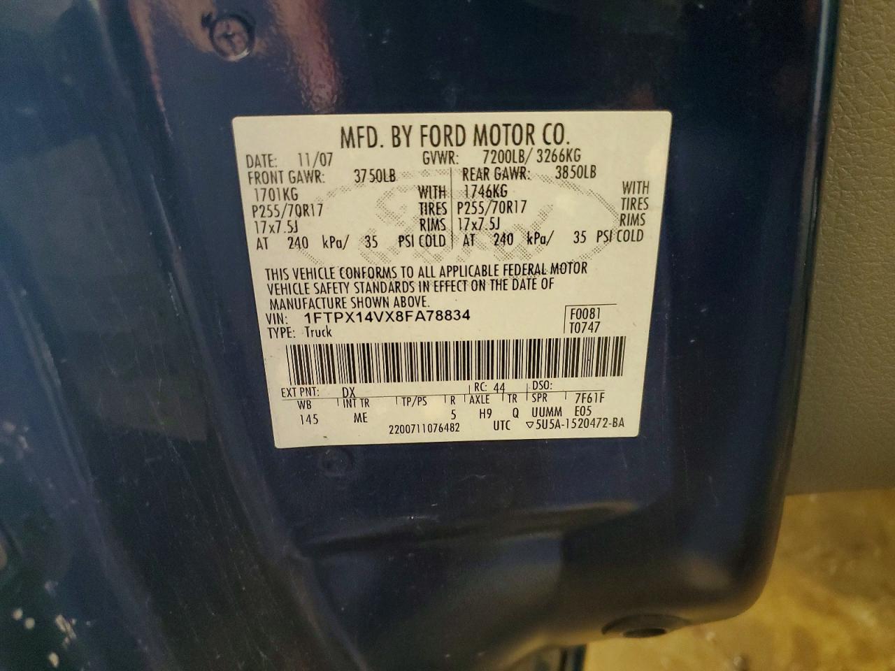 2008 Ford F150 Blue vin: 1FTPX14VX8FA78834