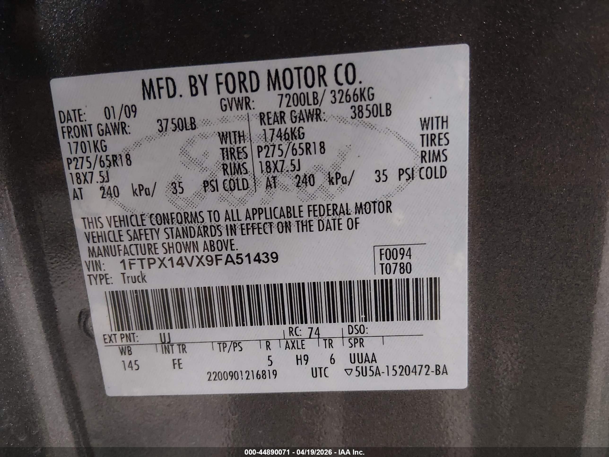 2009 Ford F-150 Fx4/lariat/xl/xlt Gray vin: 1FTPX14VX9FA51439