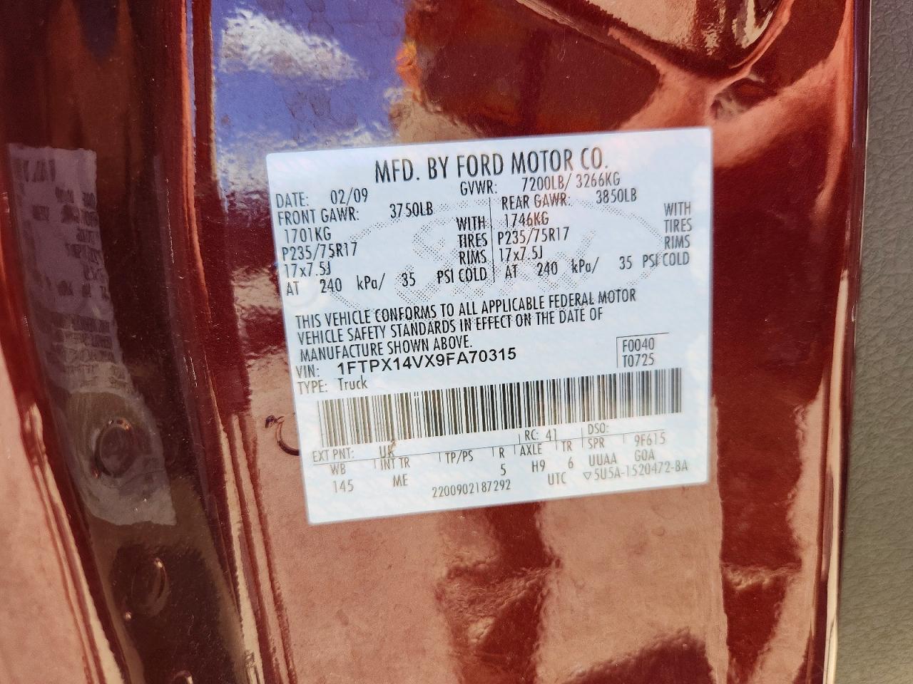 2009 Ford F150 Super Cab Burgundy vin: 1FTPX14VX9FA70315