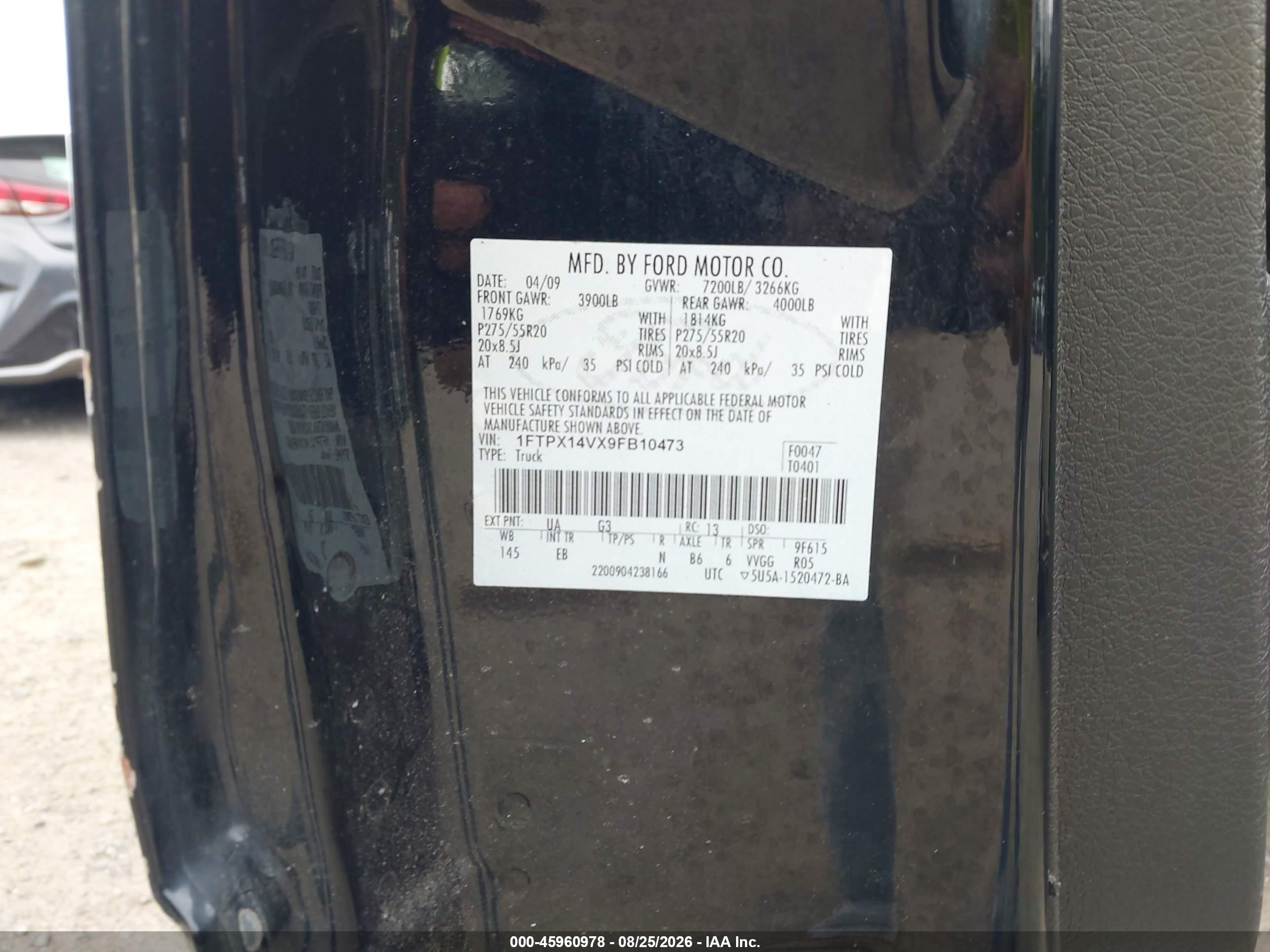 2009 Ford F-150 Fx4/lariat/xl/xlt Black vin: 1FTPX14VX9FB10473