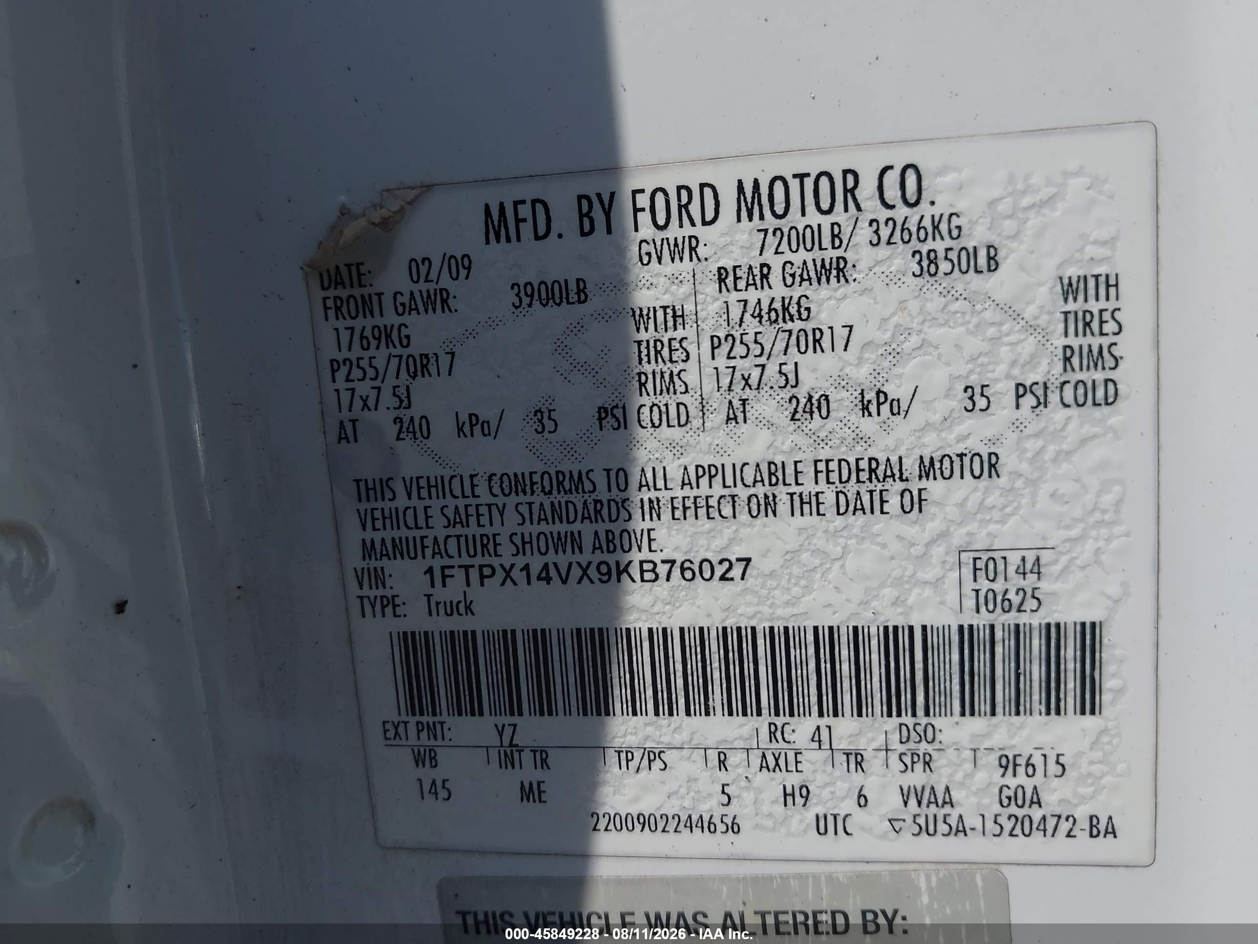 2009 Ford F-150 Fx4/lariat/xl/xlt White vin: 1FTPX14VX9KB76027