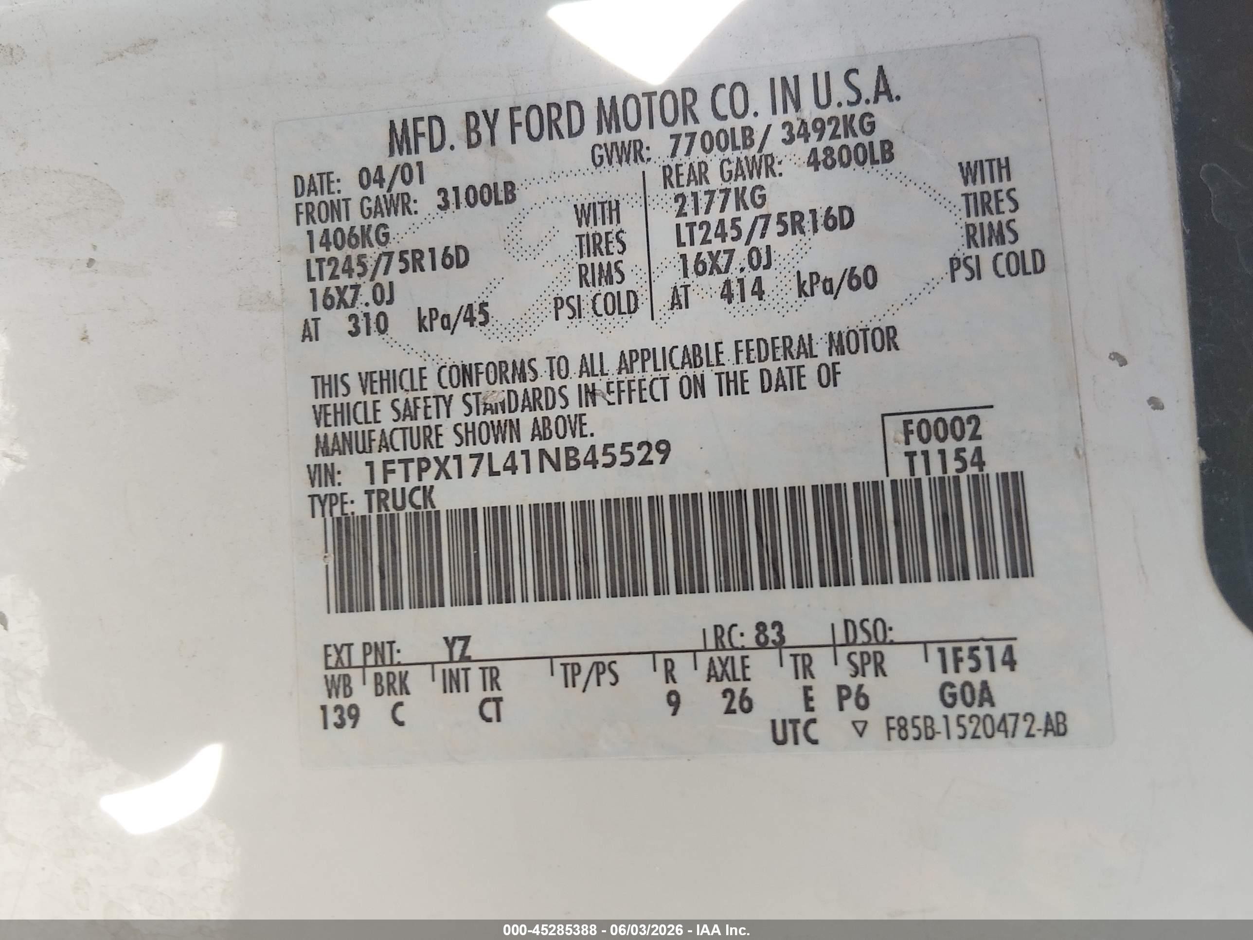 2001 Ford F-150 Lariat/xl/xlt Белый vin: 1FTPX17L41NB45529