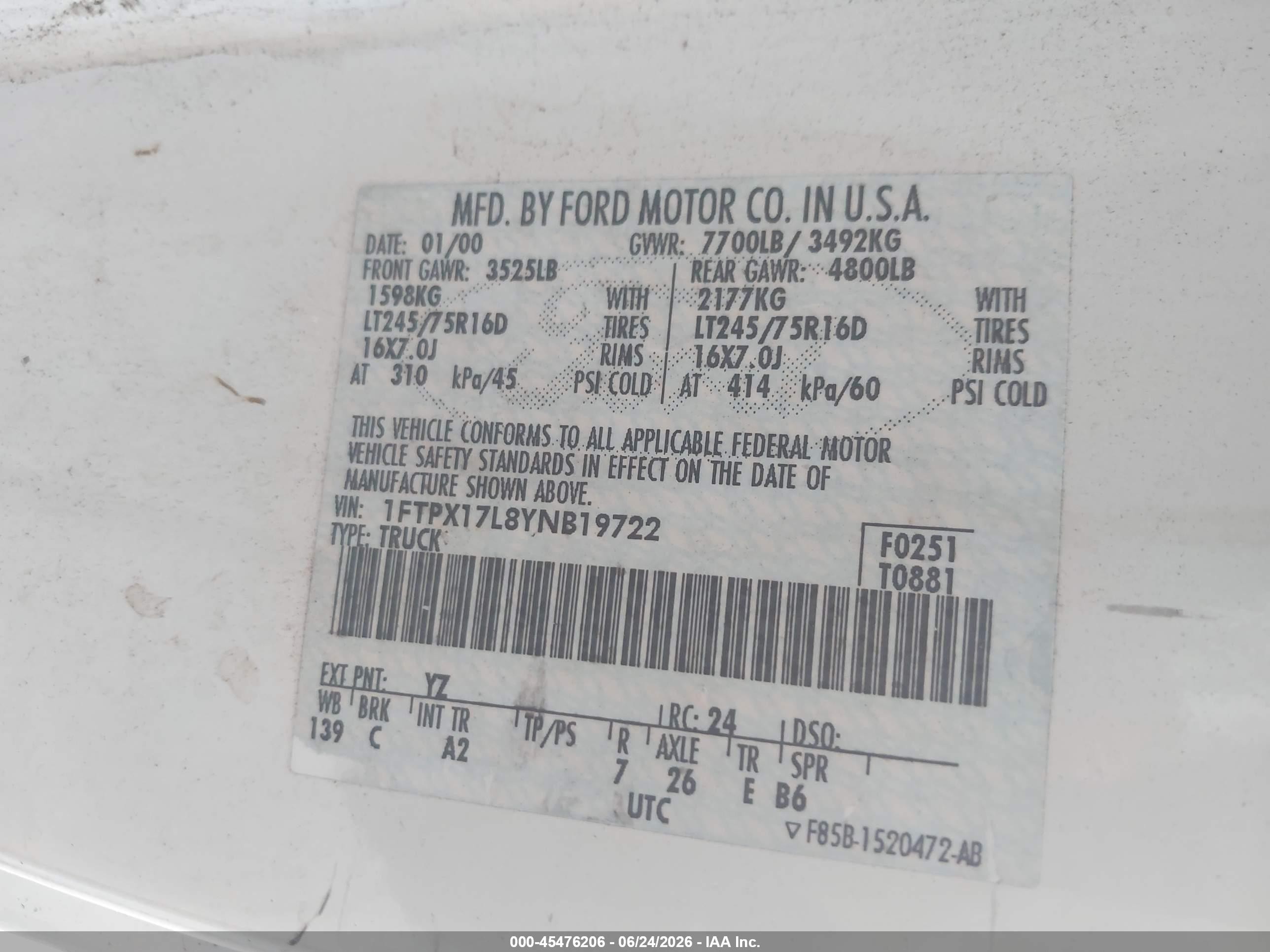 2000 Ford F-150 Lariat/work Series/xl/xlt White vin: 1FTPX17L8YNB19722