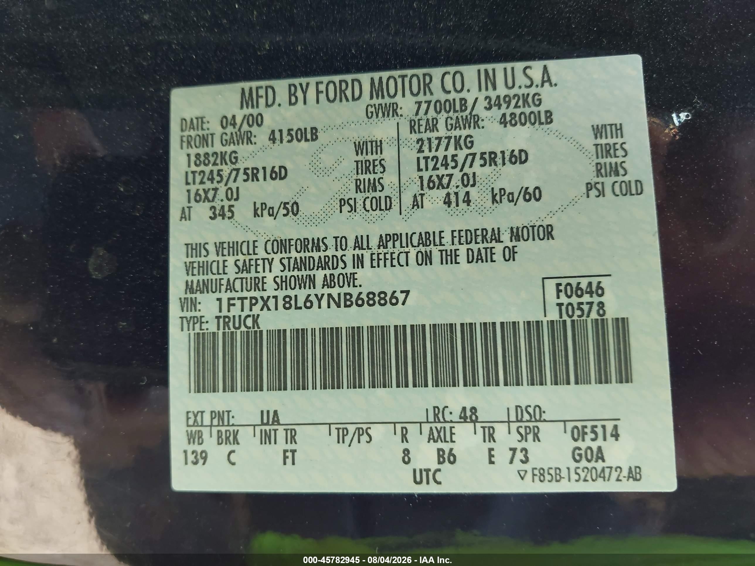 2000 Ford F-150 Lariat/work Series/xl/xlt Black vin: 1FTPX18L6YNB68867
