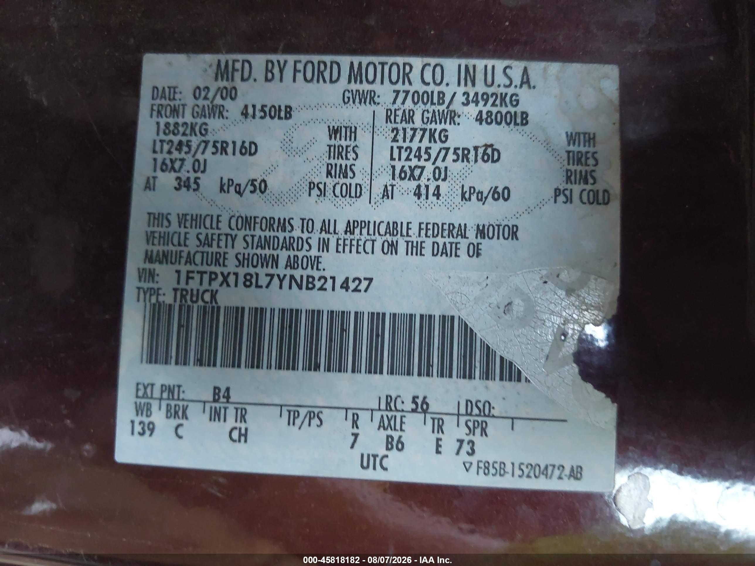 2000 Ford F-150 Lariat/work Series/xl/xlt Black vin: 1FTPX18L7YNB21427