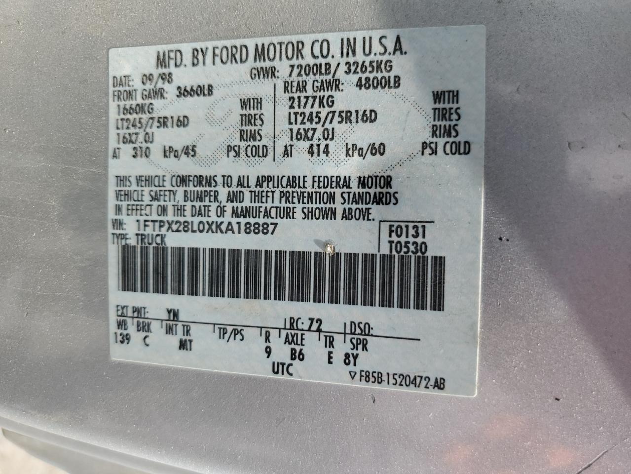 1999 Ford F250 Silver vin: 1FTPX28L0XKA18887