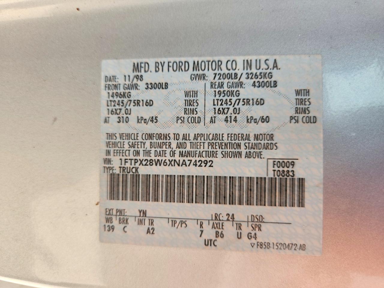 1999 Ford F250 Серебряный vin: 1FTPX28W6XNA74292