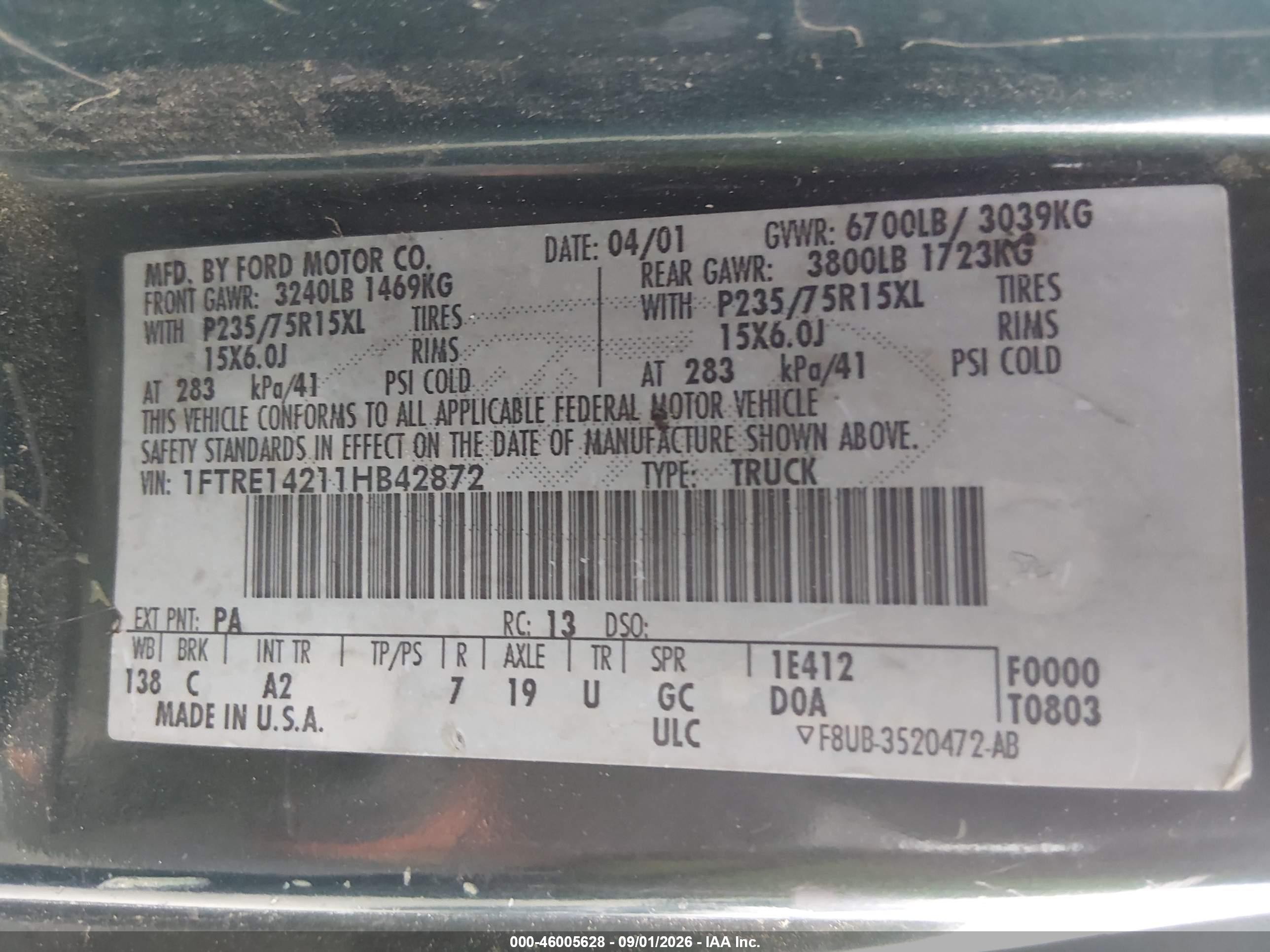2001 Ford E-150 Commercial/recreational Зеленый vin: 1FTRE14211HB42872