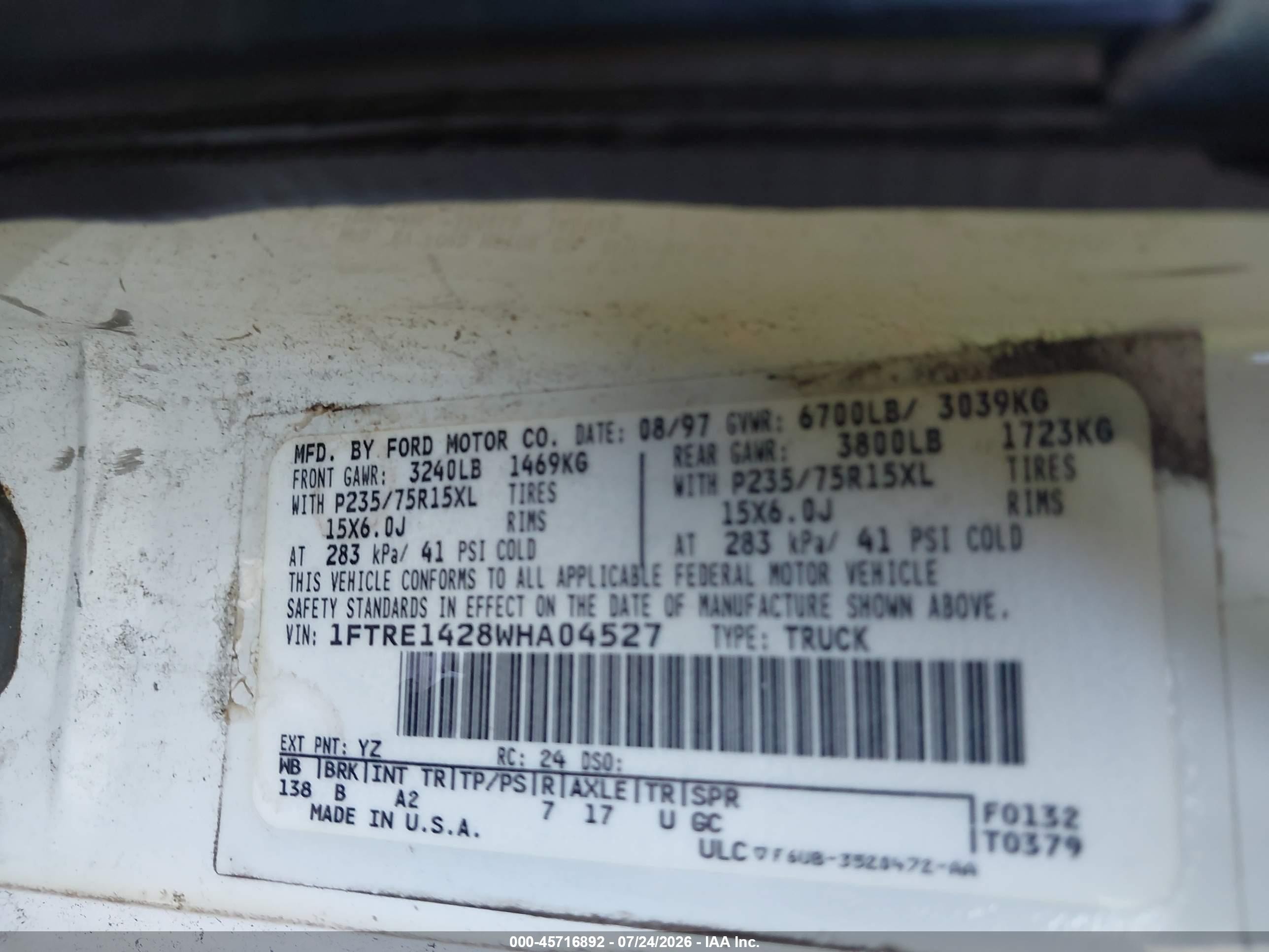 1998 Ford Econoline Commercial/recreational White vin: 1FTRE1428WHA04527