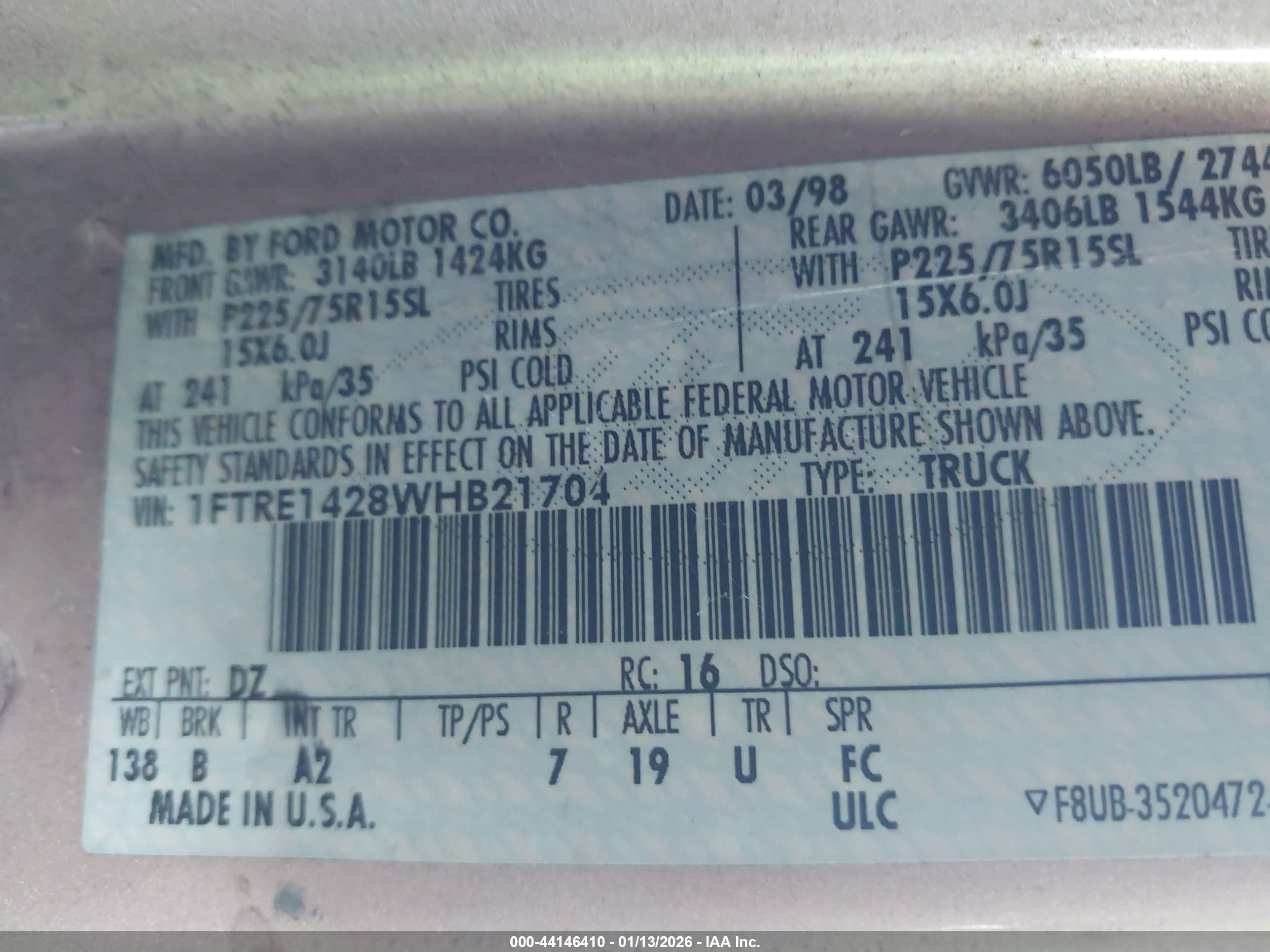 1998 Ford Econoline Commercial/recreational Gold vin: 1FTRE1428WHB21704