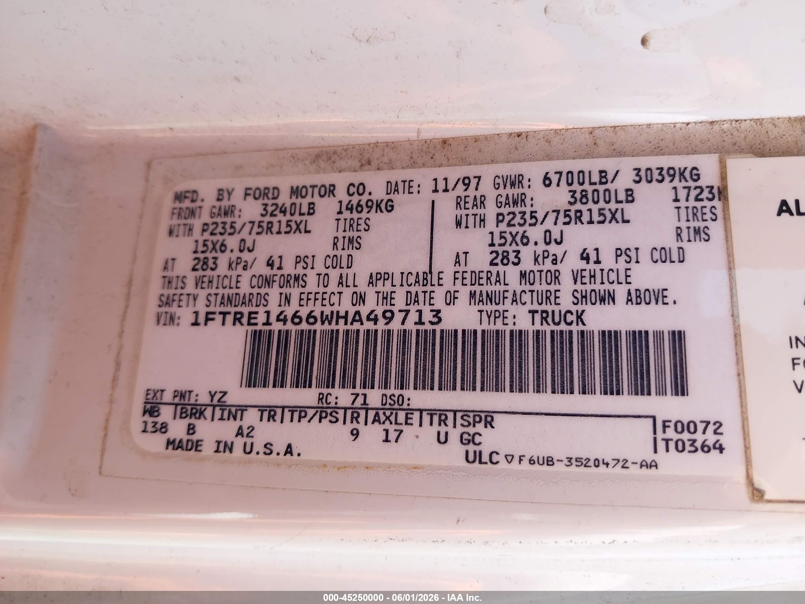 1998 Ford Econoline Commercial/recreational White vin: 1FTRE1466WHA49713