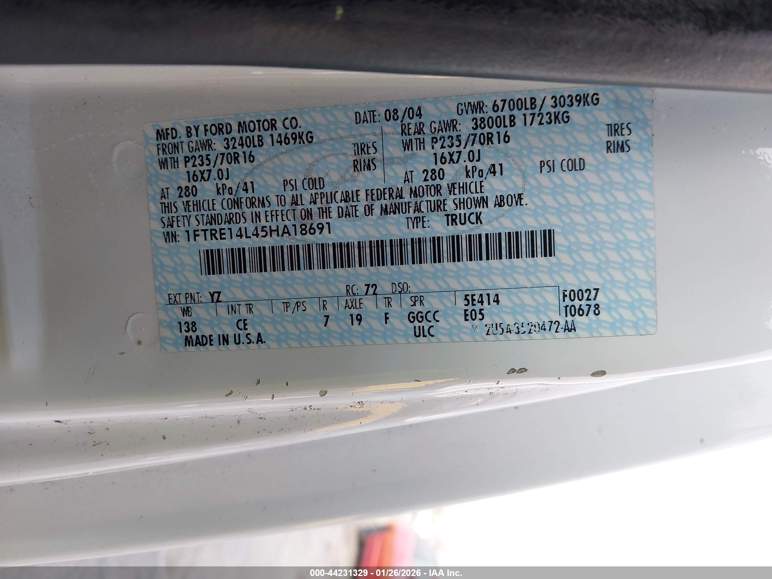 2005 Ford E-150 Commercial/recreational White vin: 1FTRE14L45HA18691