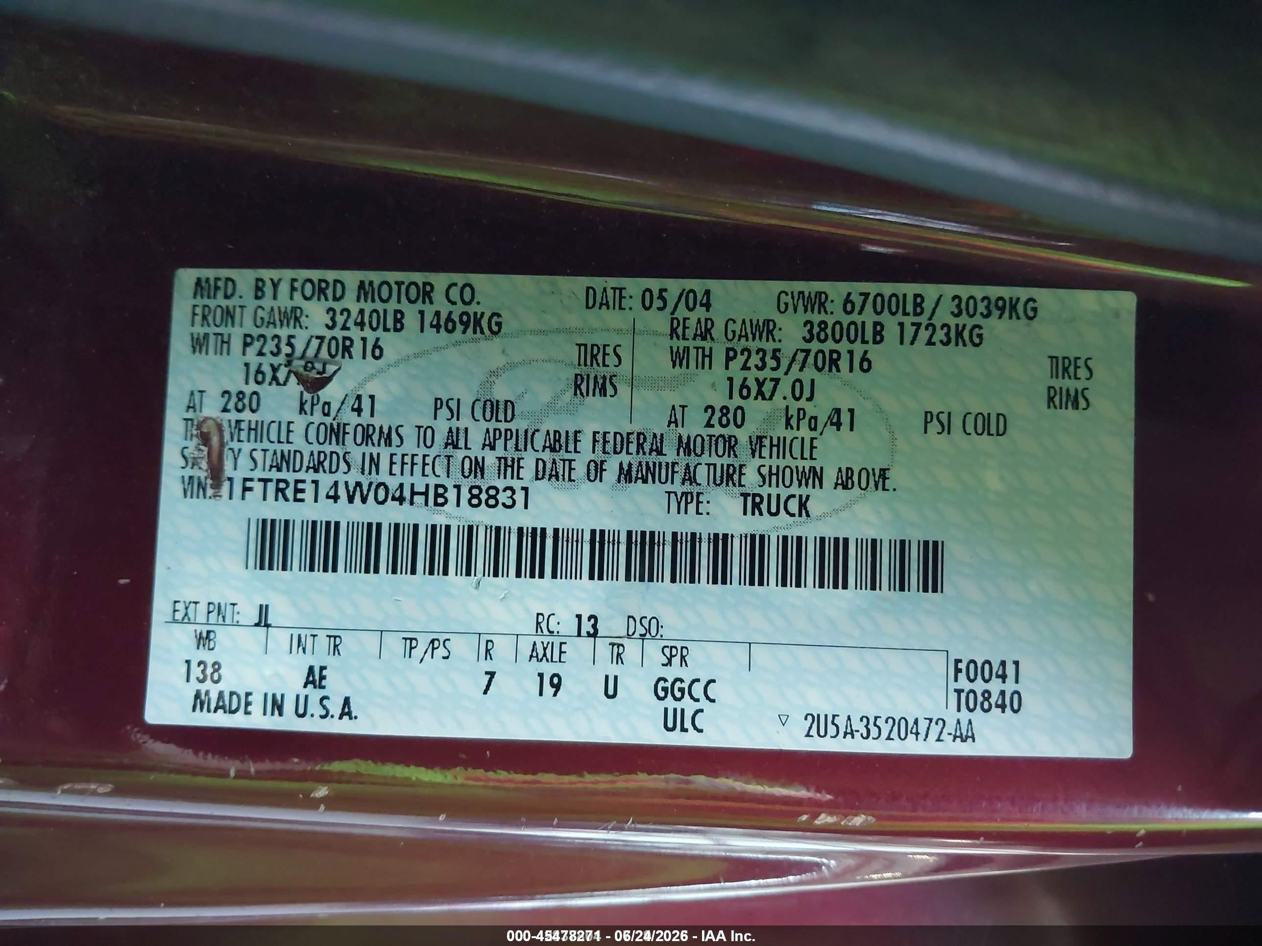 2004 Ford E-150 Commercial/recreational Maroon vin: 1FTRE14W04HB18831