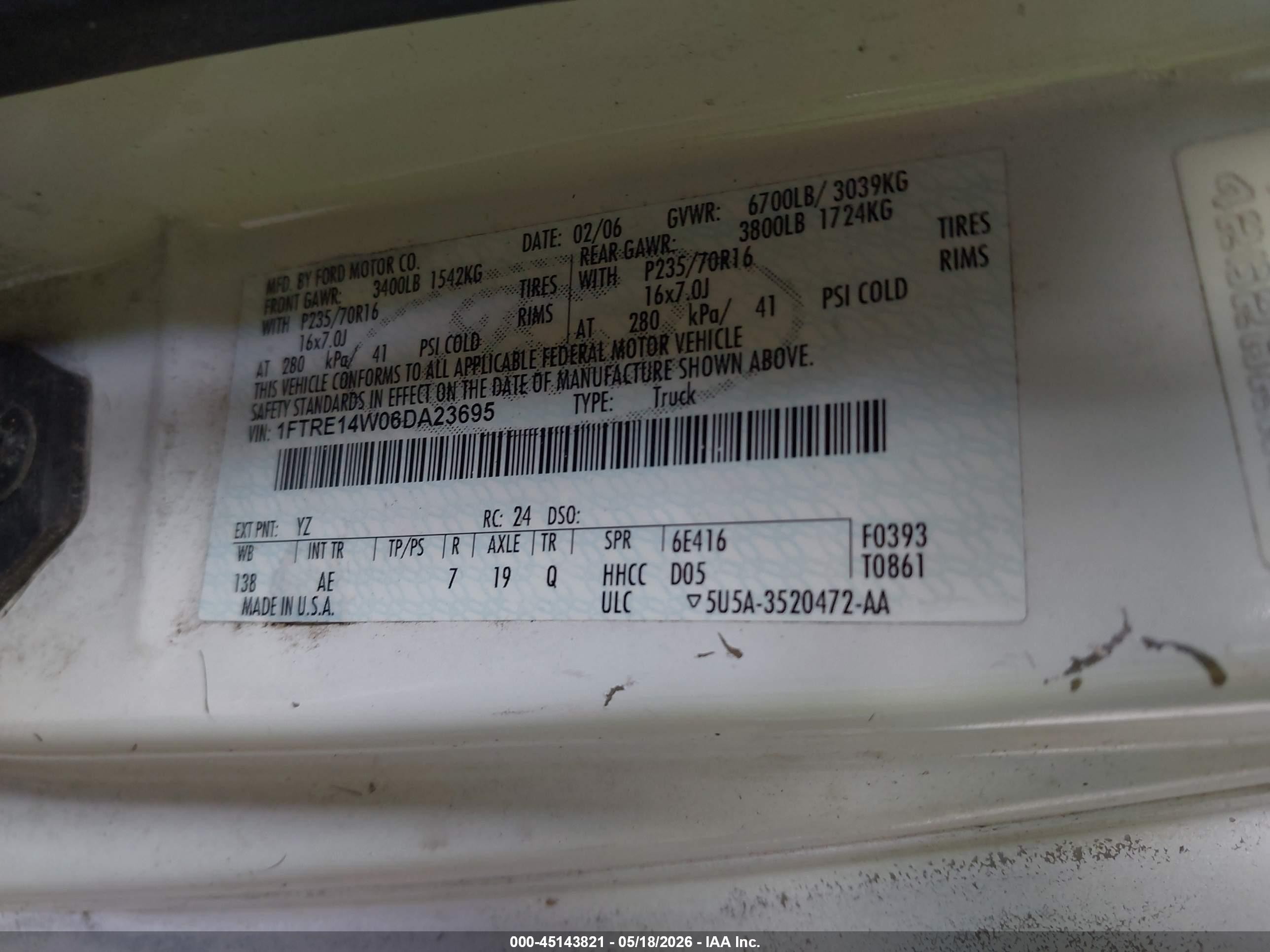 2006 Ford E-150 Commercial/recreational White vin: 1FTRE14W06DA23695