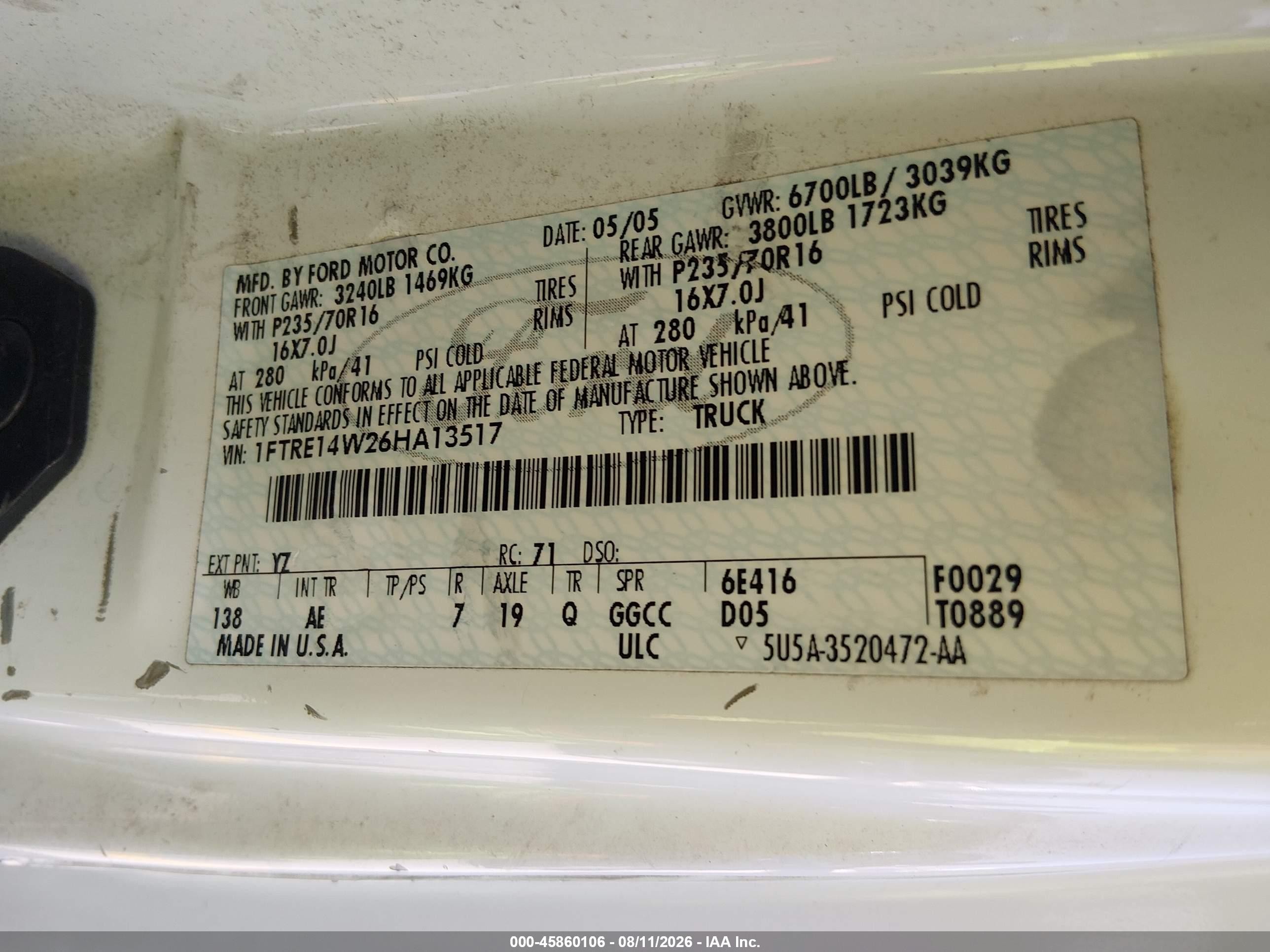 2006 Ford E-150 Commercial/recreational White vin: 1FTRE14W26HA13517