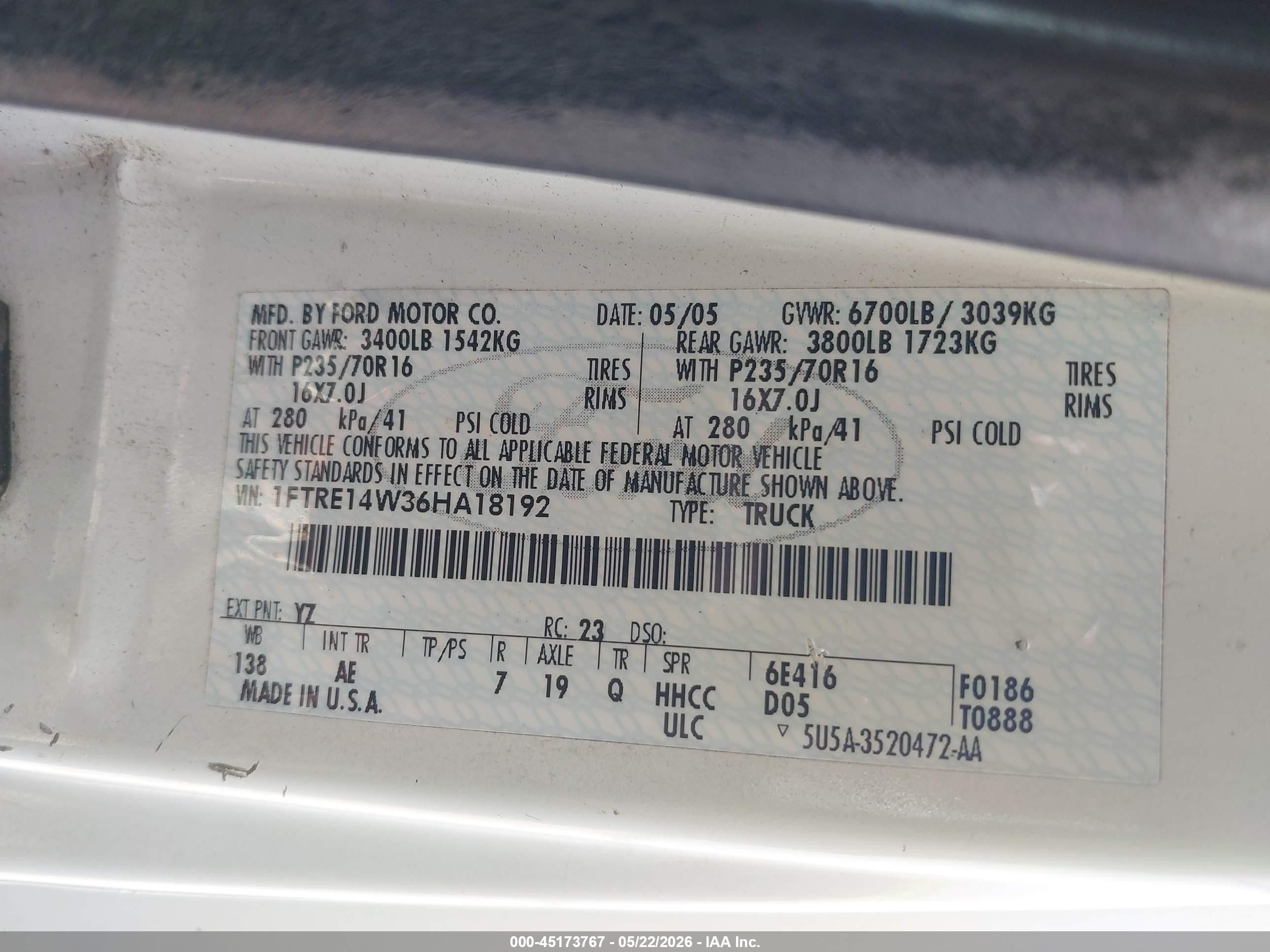 2006 Ford E-150 Commercial/recreational White vin: 1FTRE14W36HA18192