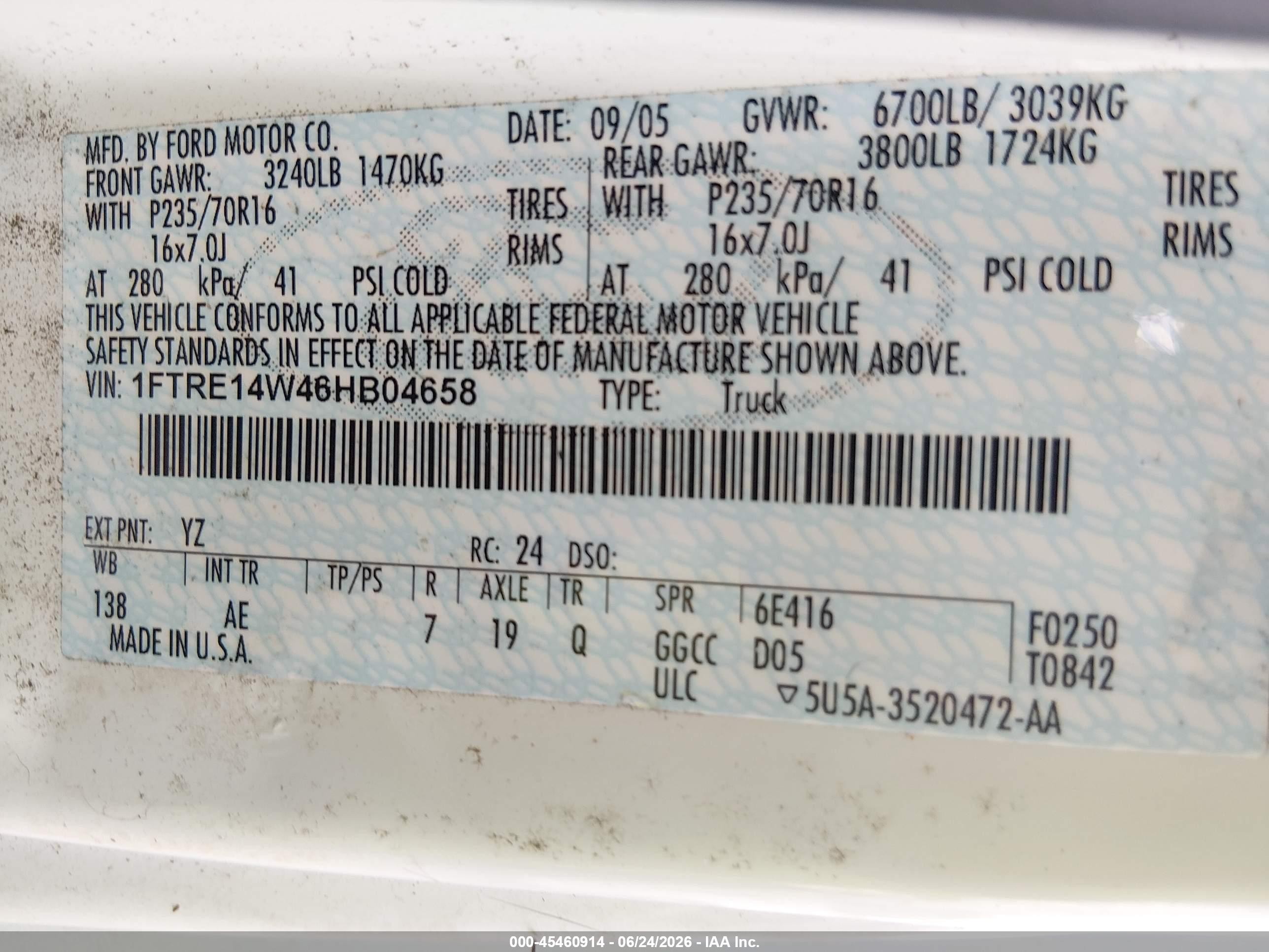 2006 Ford E-150 Commercial/recreational Белый vin: 1FTRE14W46HB04658