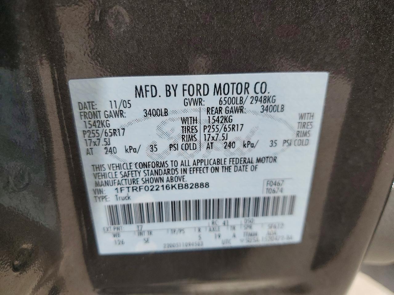 2006 Ford F150 Серый vin: 1FTRF02216KB82888