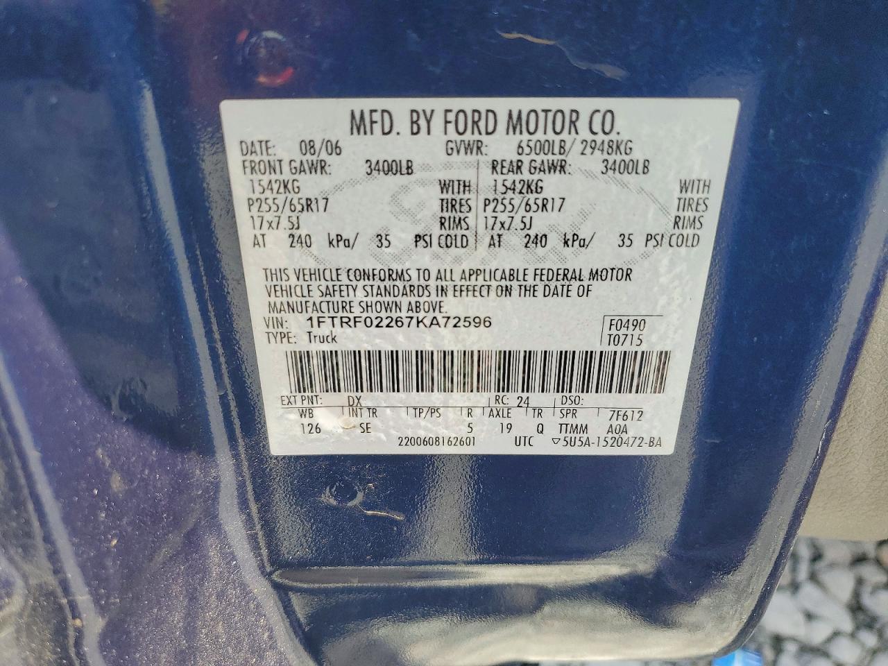 2007 Ford F150 Blue vin: 1FTRF02267KA72596