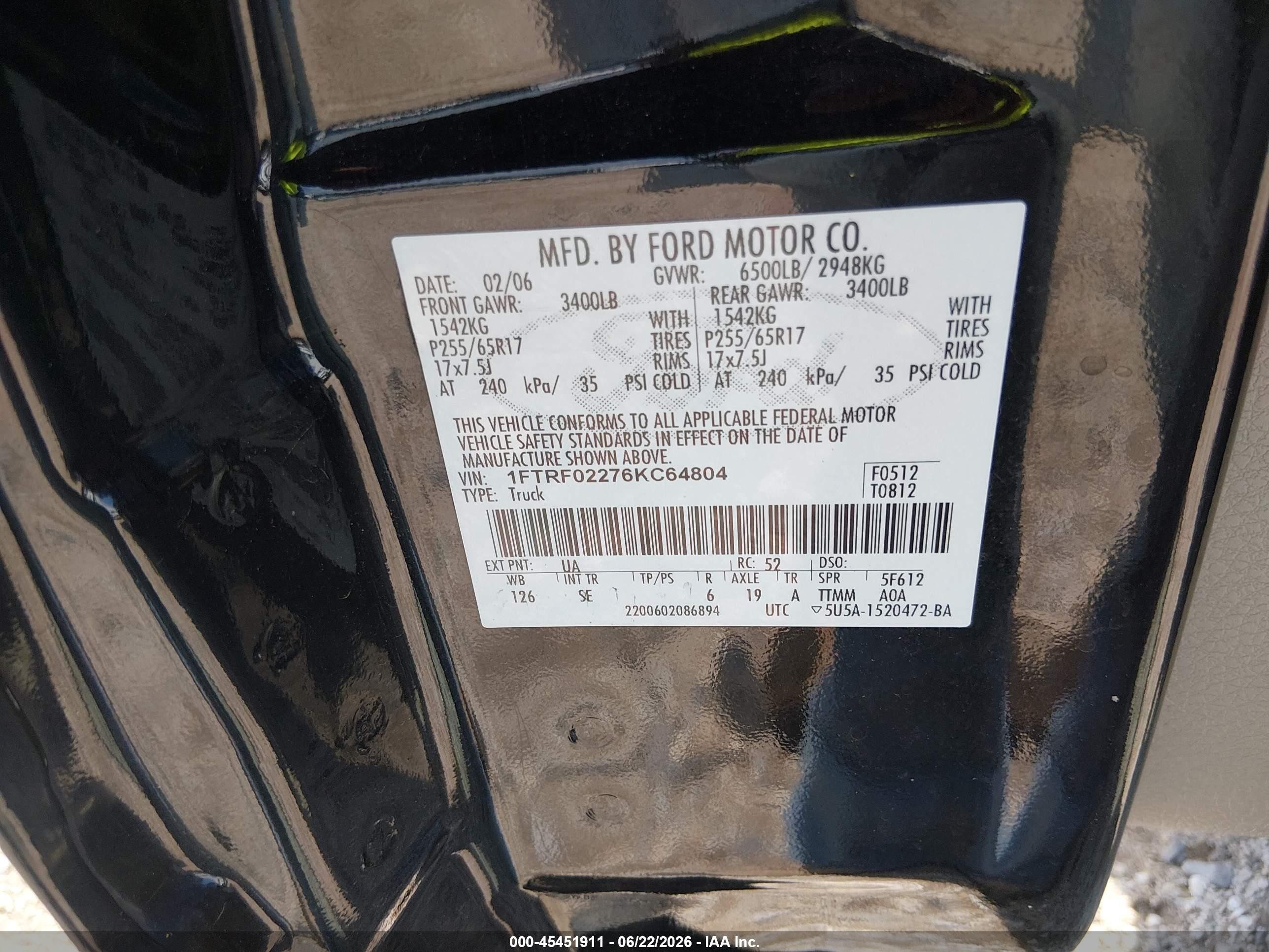 2006 Ford F-150 Stx/xlt Black vin: 1FTRF02276KC64804