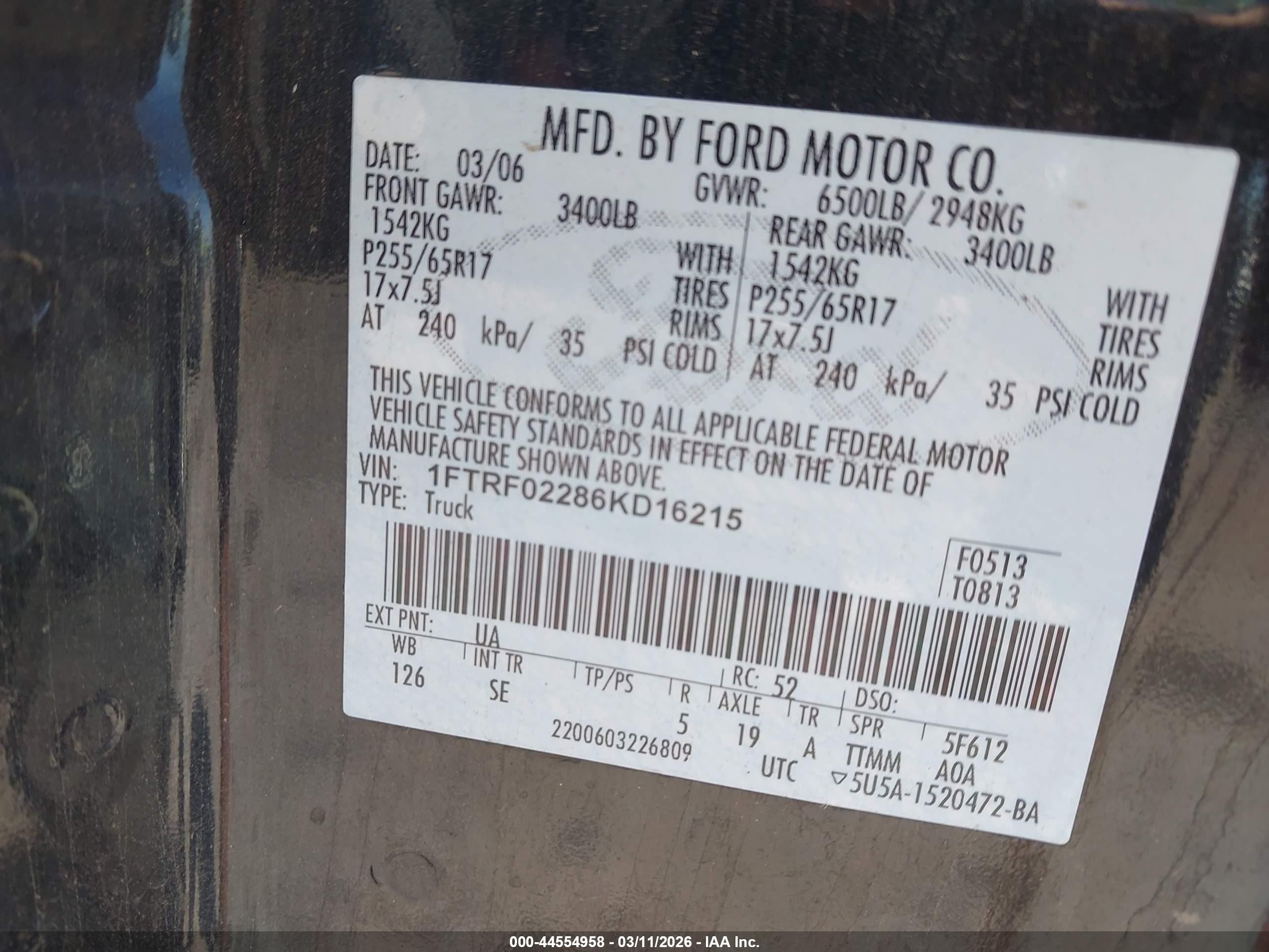 2006 Ford F-150 Stx/xlt Black vin: 1FTRF02286KD16215