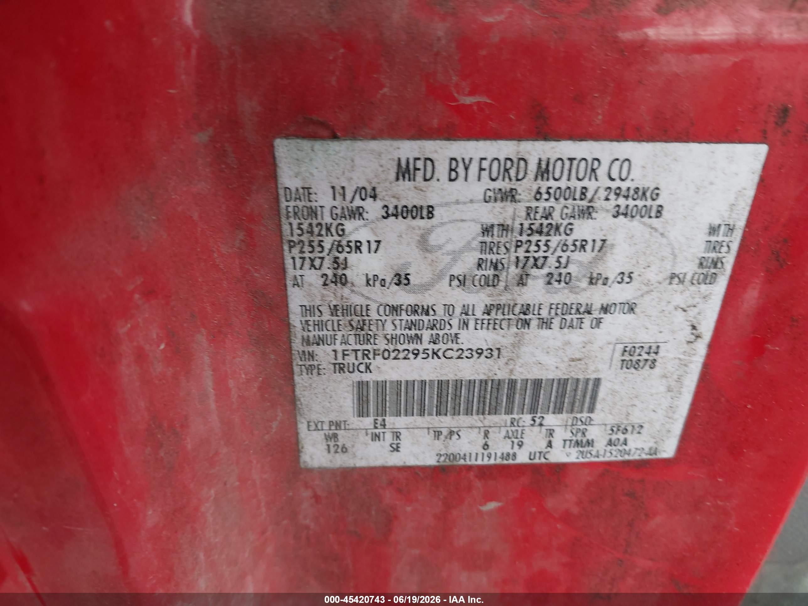 2005 Ford F-150 Stx/xlt Red vin: 1FTRF02295KC23931