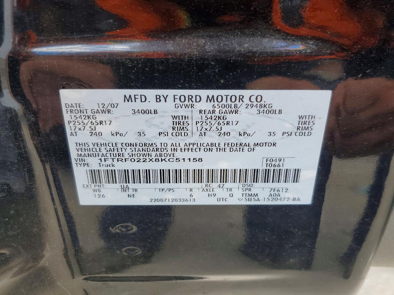2008 Ford F150 Black vin: 1FTRF022X8KC51158