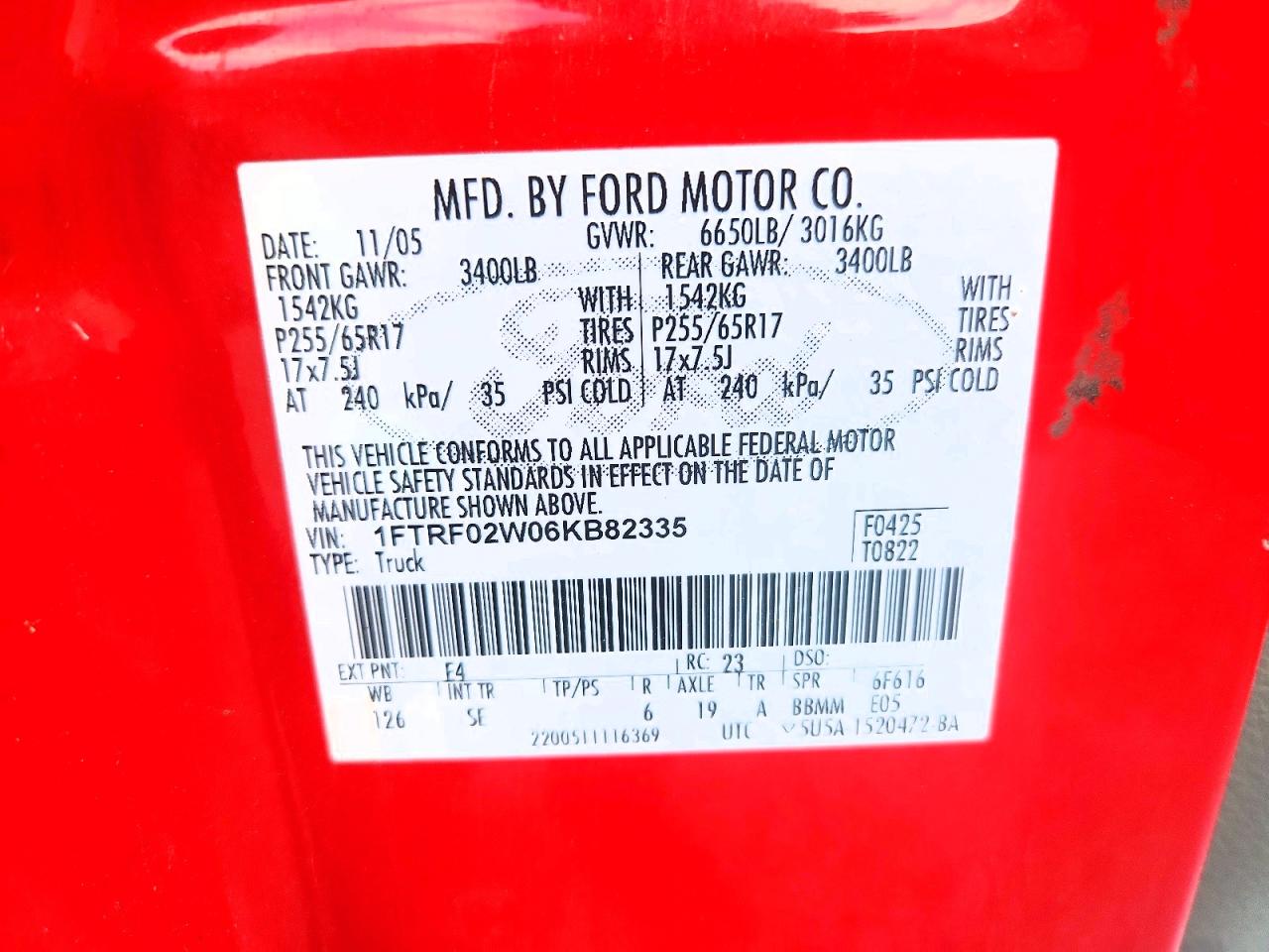 2006 Ford F150 Red vin: 1FTRF02W06KB82335