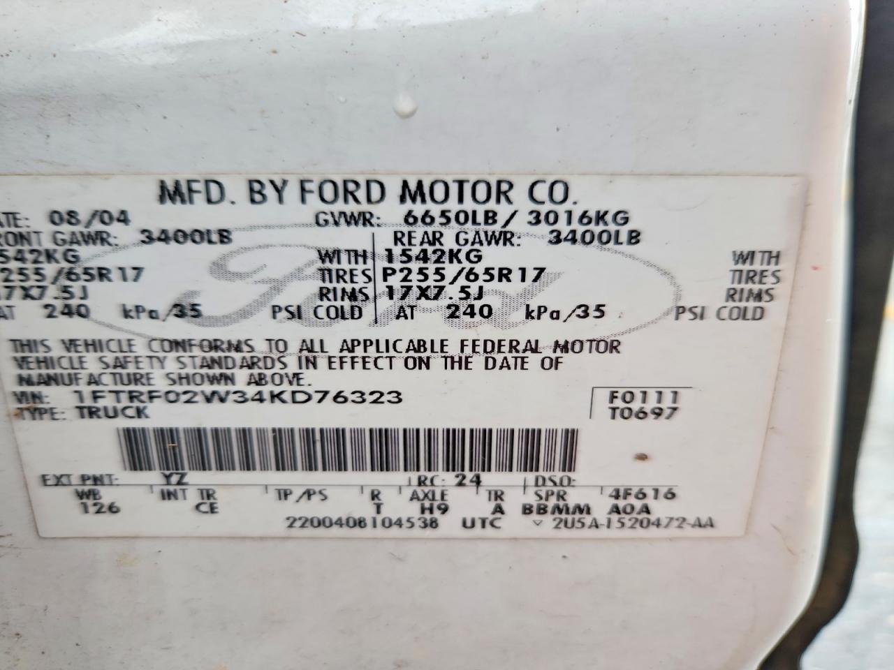 2004 Ford F150 White vin: 1FTRF02W34KD76323