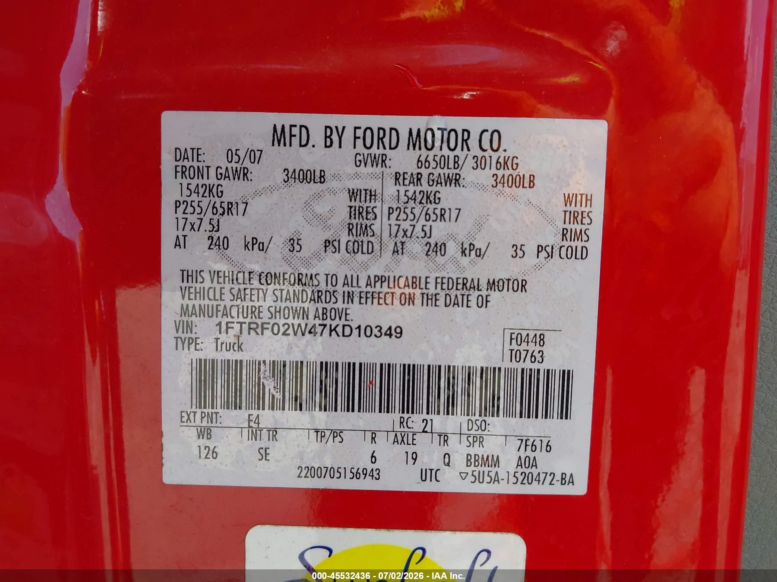 2007 Ford F-150 Stx/xlt Red vin: 1FTRF02W47KD10349