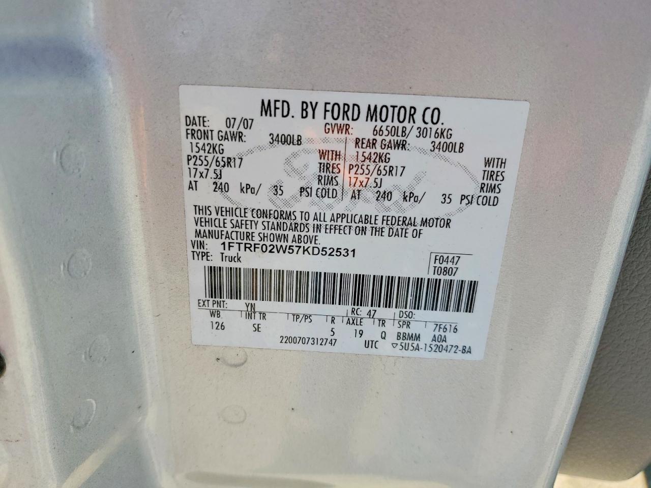 2007 Ford F150 Silver vin: 1FTRF02W57KD52531