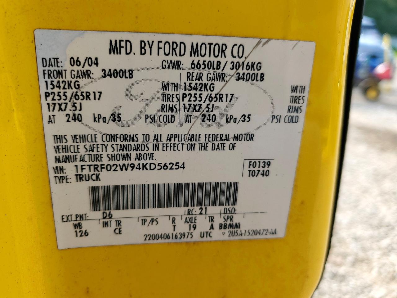 2004 Ford F150 Yellow vin: 1FTRF02W94KD56254