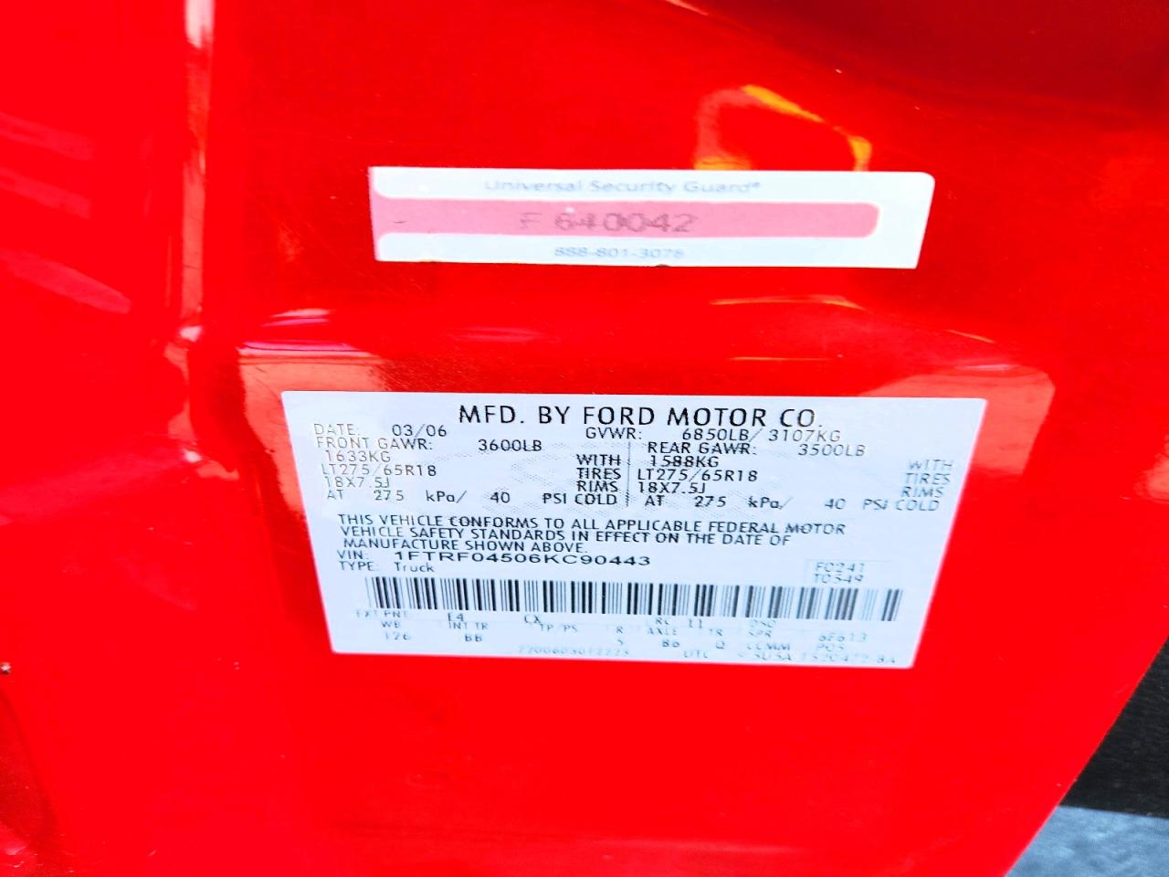 2006 Ford F150 Red vin: 1FTRF04506KC90443