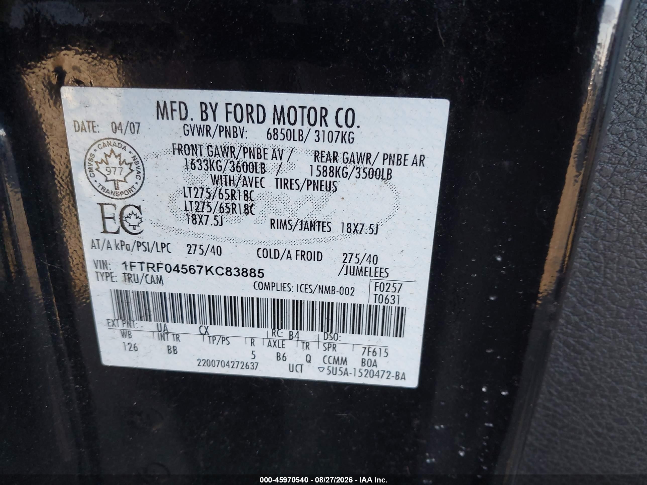 2007 Ford F-150 Fx4/xlt Black vin: 1FTRF04567KC83885