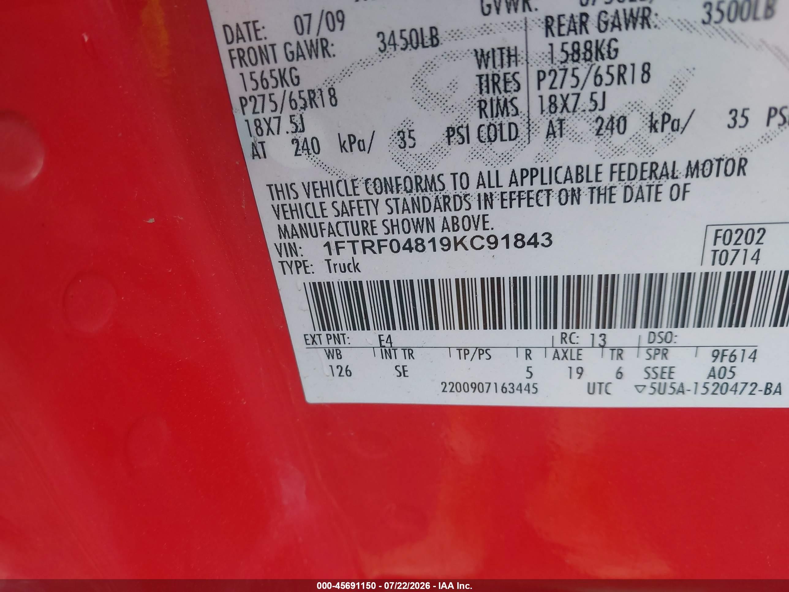 2009 Ford F-150 Stx/xlt Red vin: 1FTRF04819KC91843