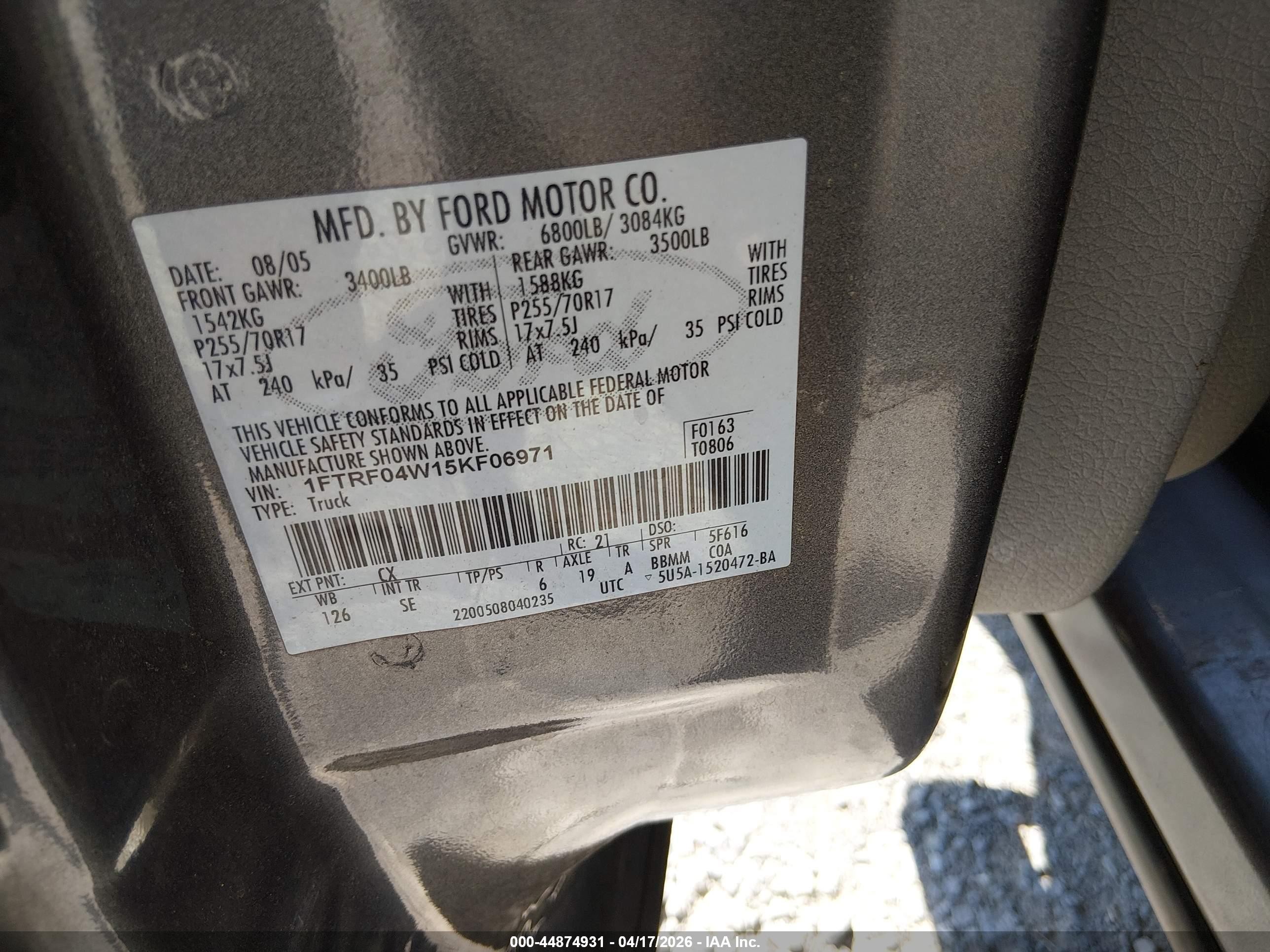 2005 Ford F-150 Stx/xlt Gray vin: 1FTRF04W15KF06971