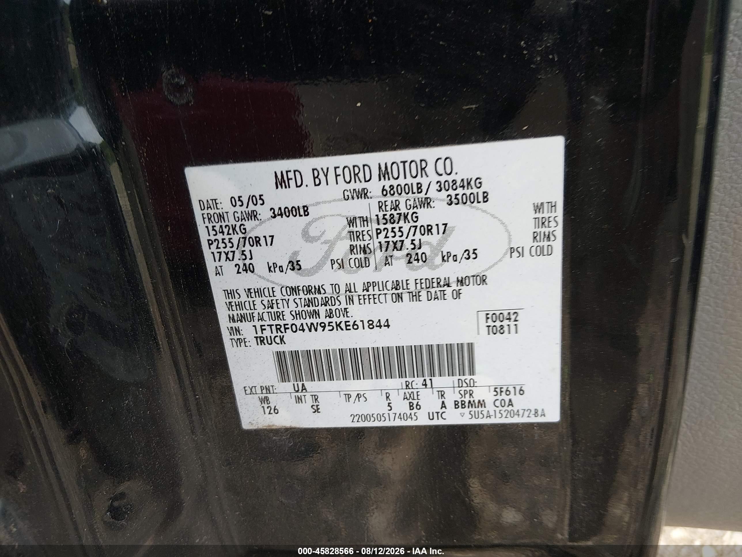 2005 Ford F-150 Stx/xlt Black vin: 1FTRF04W95KE61844